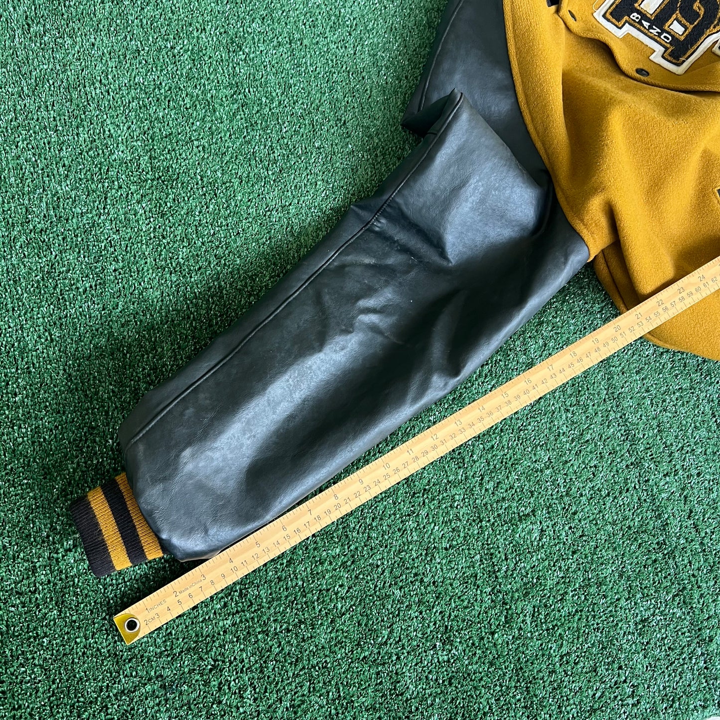 90s Tejas Wool Leather Varsity Jacket Band Patch Mustard Yellow Black - Large
