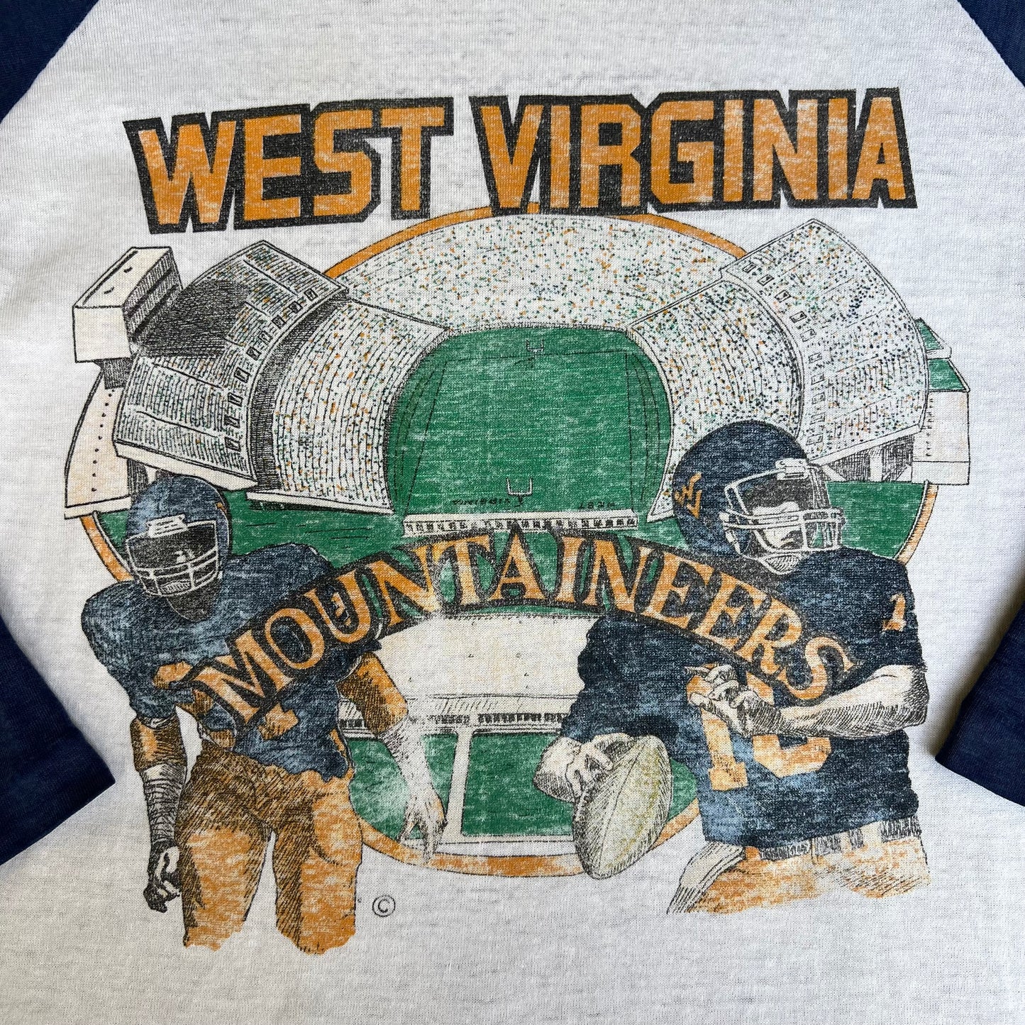 VTG 70s Men's WVU West Virginia Mountaineers White Blue Raglan Cut T-Shirt - Small
