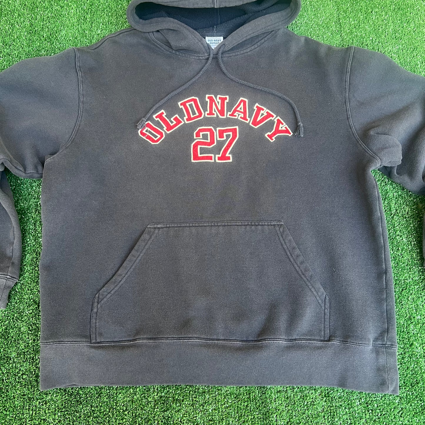 Vintage Y2K Men's Old Navy Faded Navy Blue Spellout Logo Arc Boxy Hoodie Medium