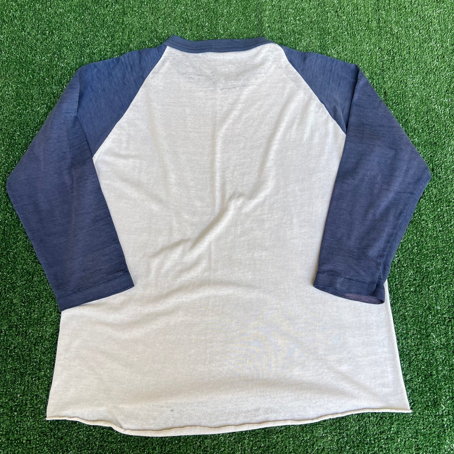 VTG 70s Men's WVU West Virginia Mountaineers White Blue Raglan Cut T-Shirt - Small