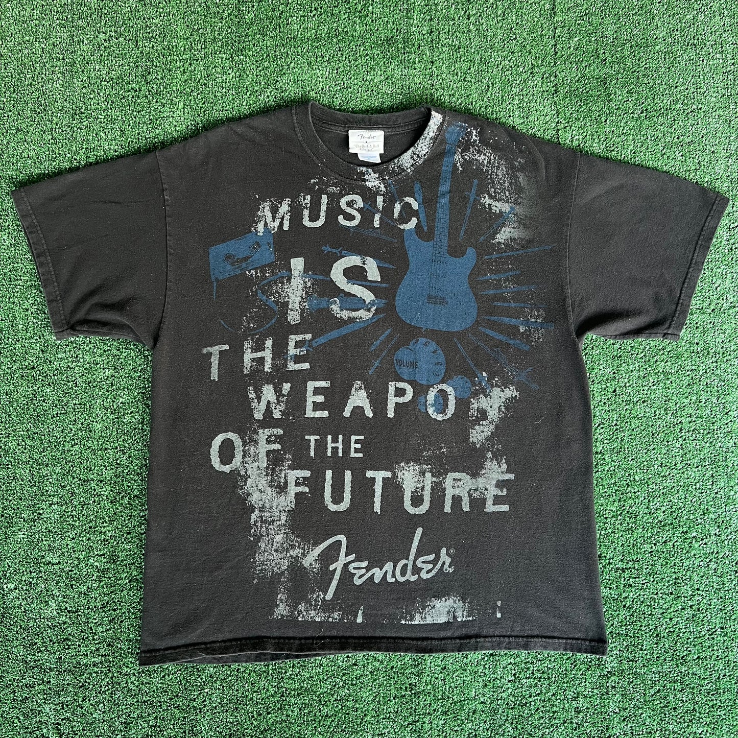 Y2K Fender Guitars "Music Is The Weapon Of The Future" AOP Black T-Shirt - XL