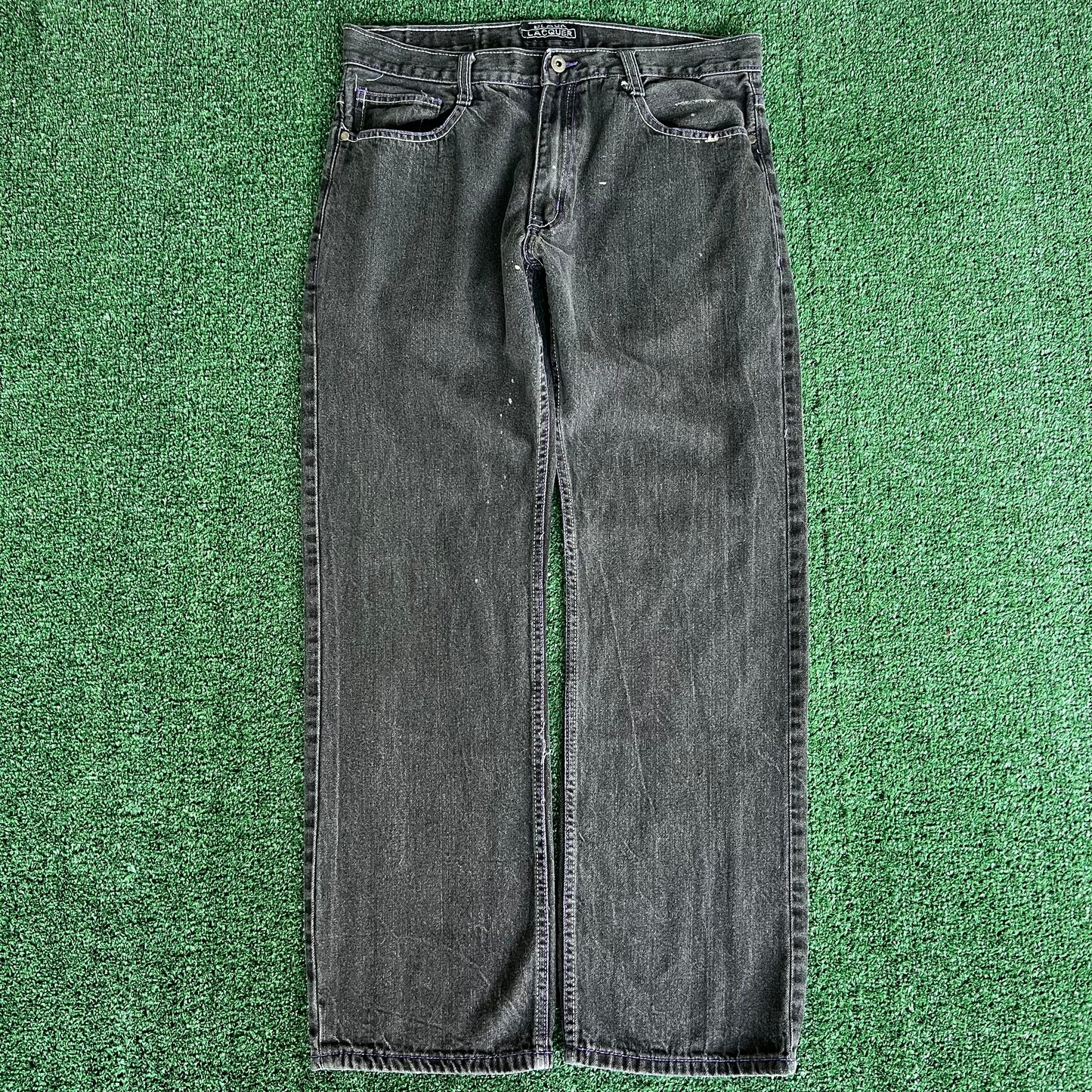 Y2K Baggy Straight Black Purple Embroidered Jeans - 35x31" 18" Openings