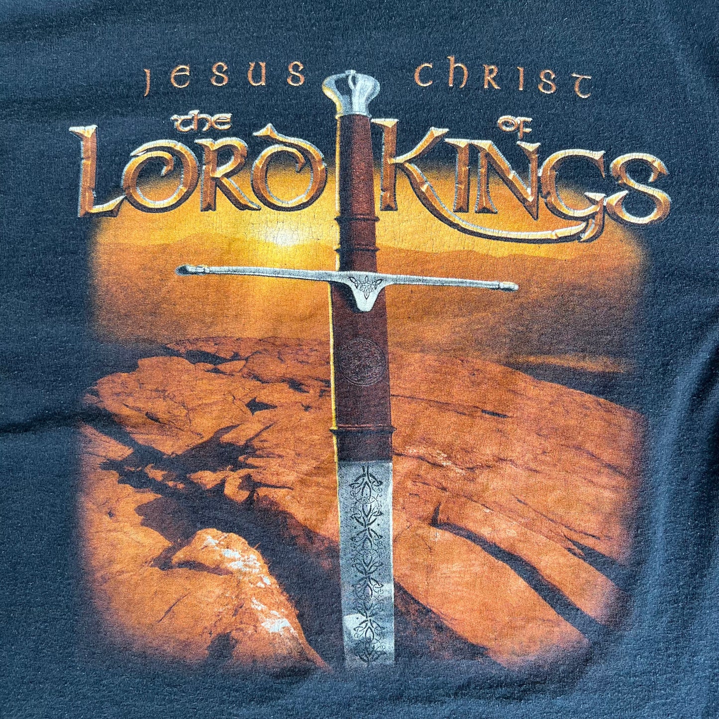 Y2K The Lord Of Rings Movie Jesus Parody T-Shirt Faded Black - Medium