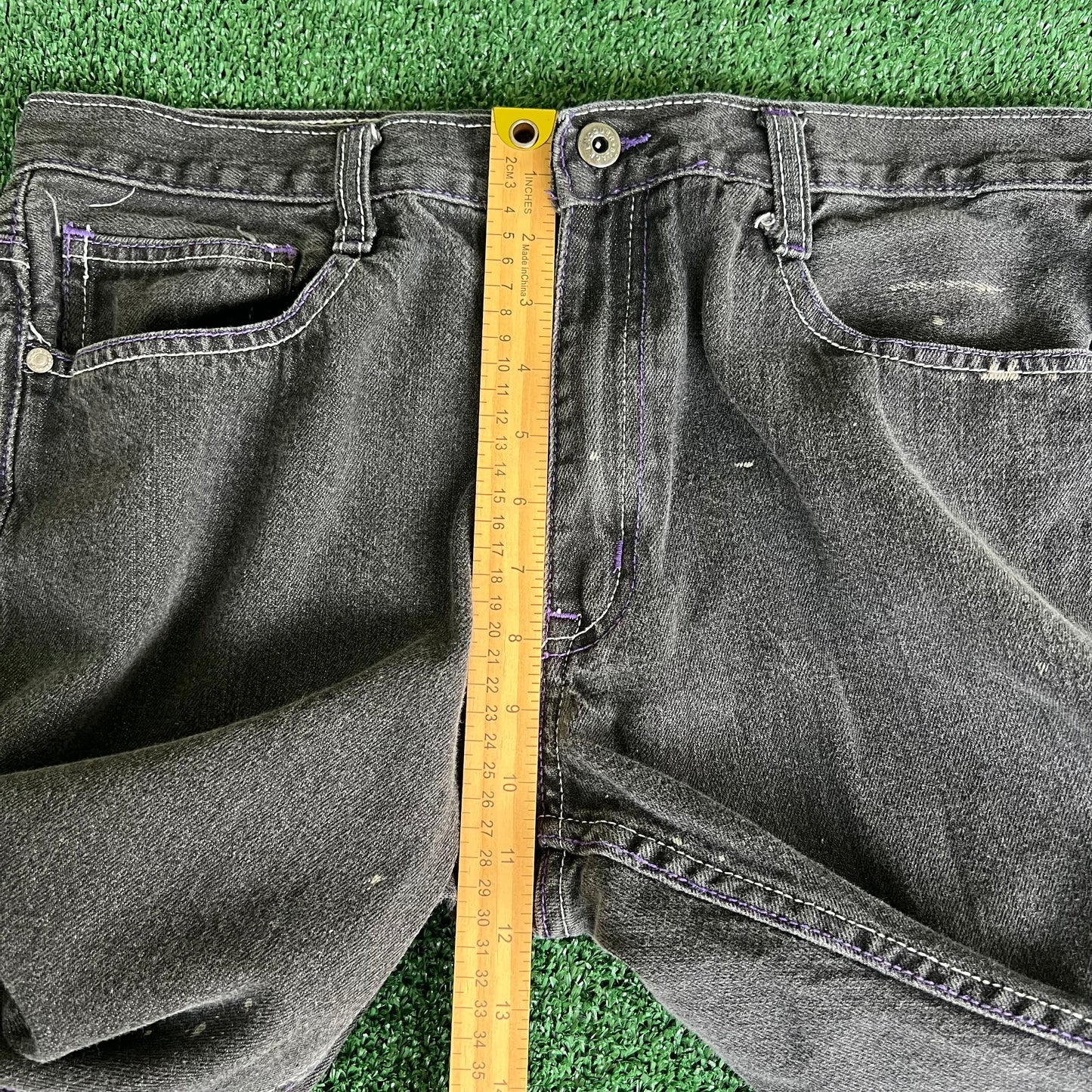 Y2K Baggy Straight Black Purple Embroidered Jeans - 35x31" 18" Openings