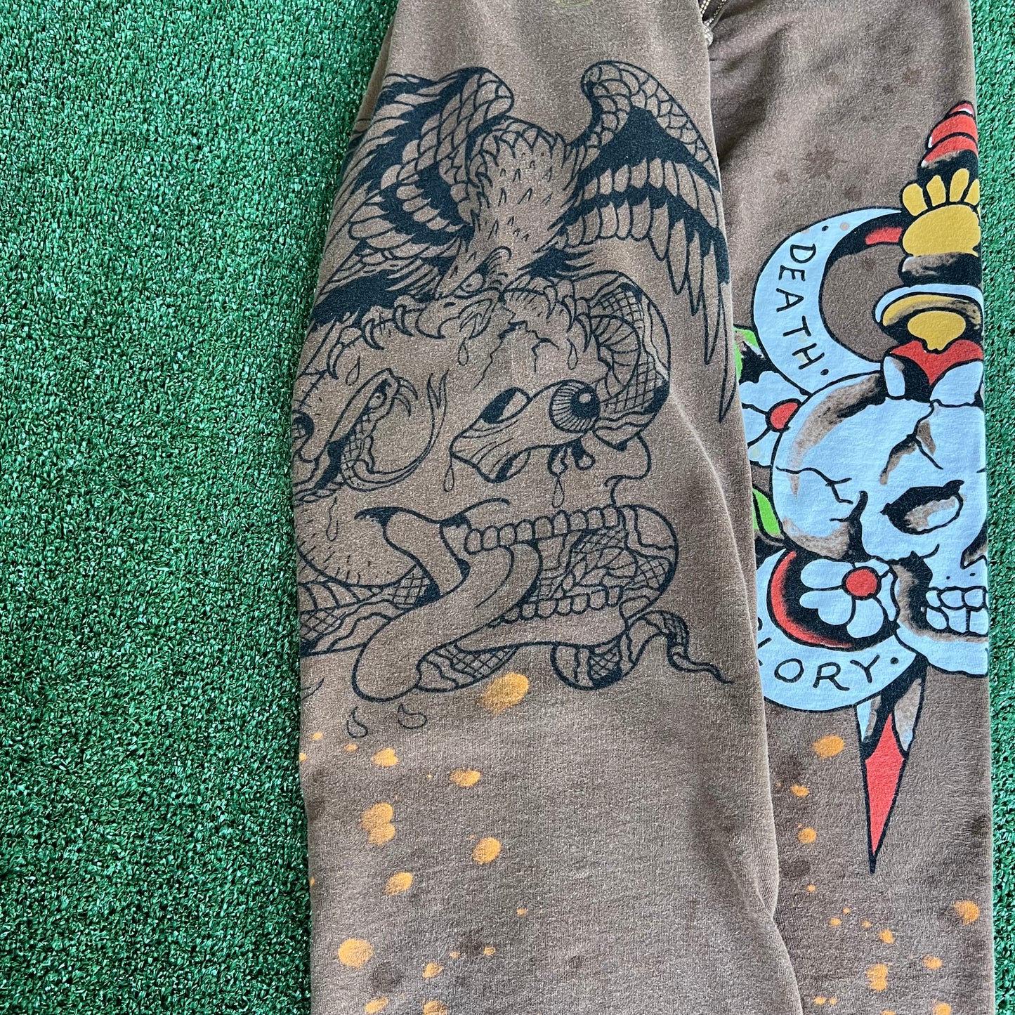 Y2K Ed Hardy Skull Faded Brown Baggy Wide-Leg Sweatpants - Large 31x28.5" 21.5" Openings