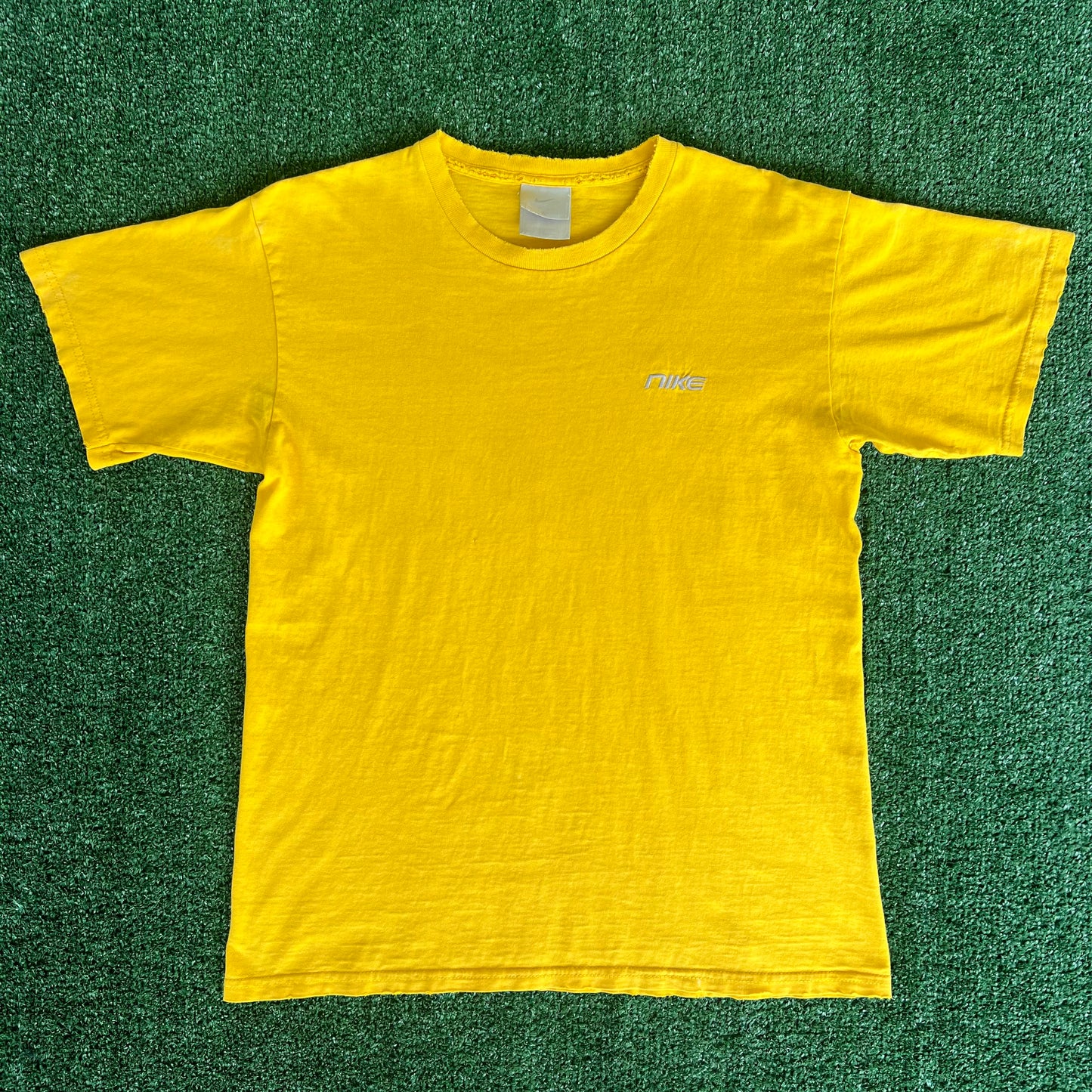 Y2K Nike Yellow Embroidered Essential Spellout Distressed T-Shirt - Medium