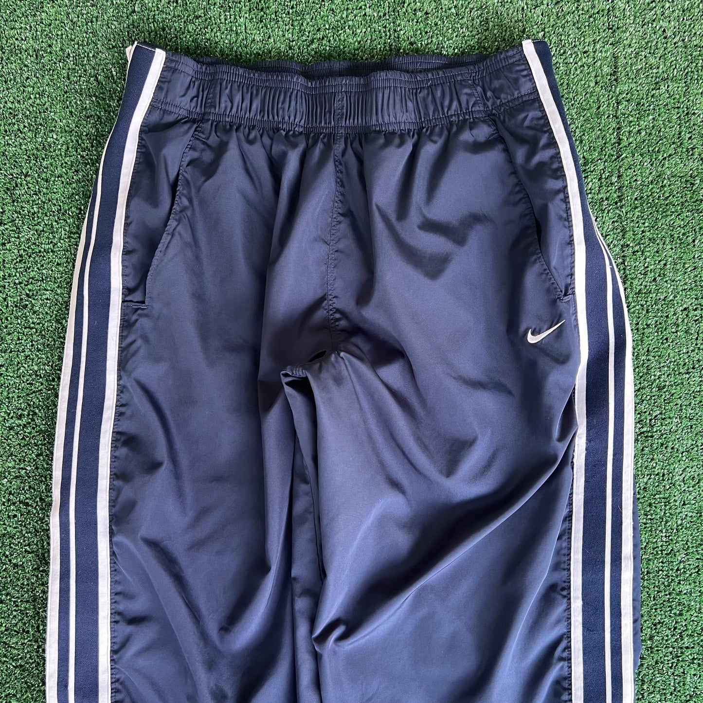 Y2K Nike Baggy Tear Away Basketball WarmUp Navy Blue Side Stripe Pants - Large