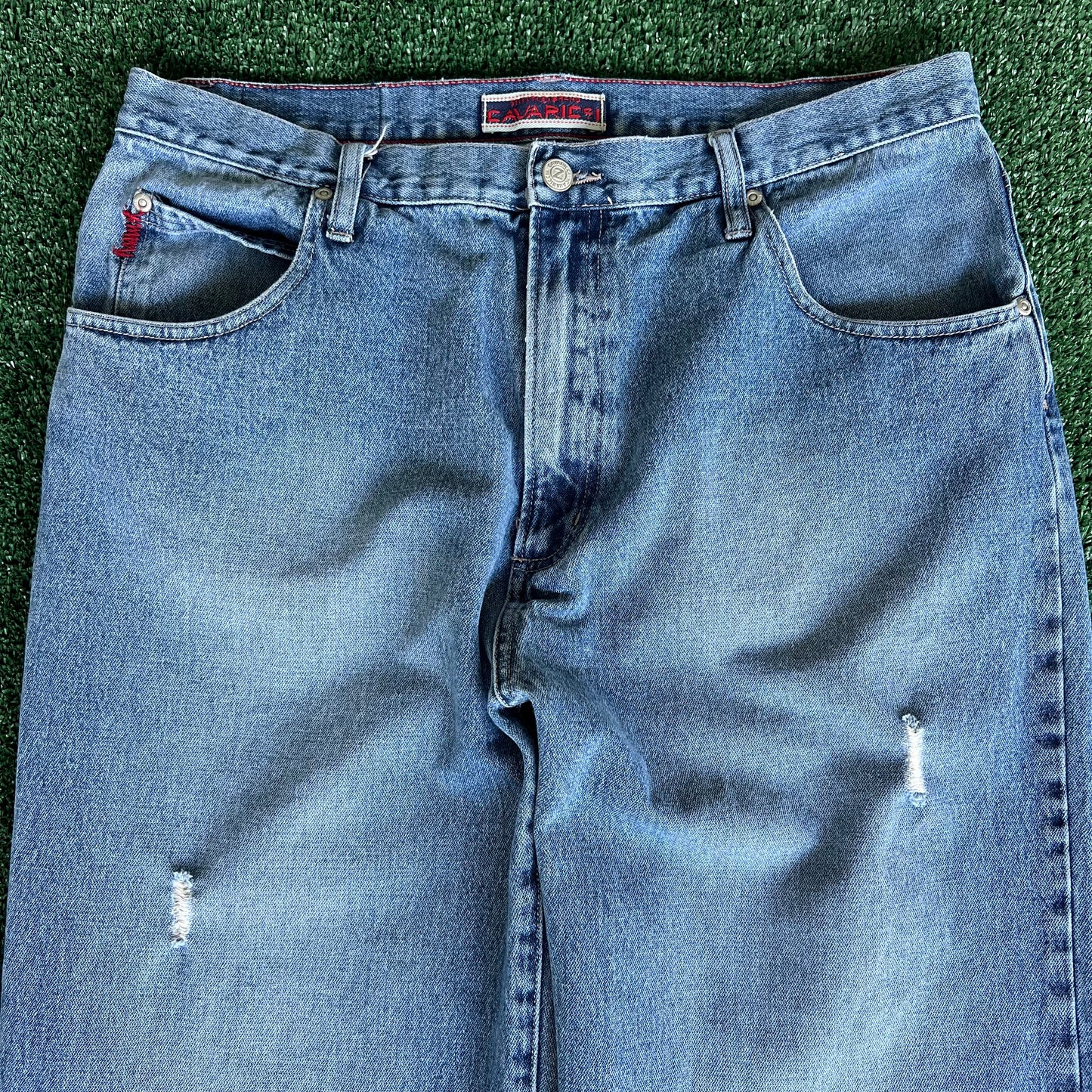 90s Cavaricci Baggy Wide-Leg Distressed Blue Jeans - 35x31" 21.5" Openings