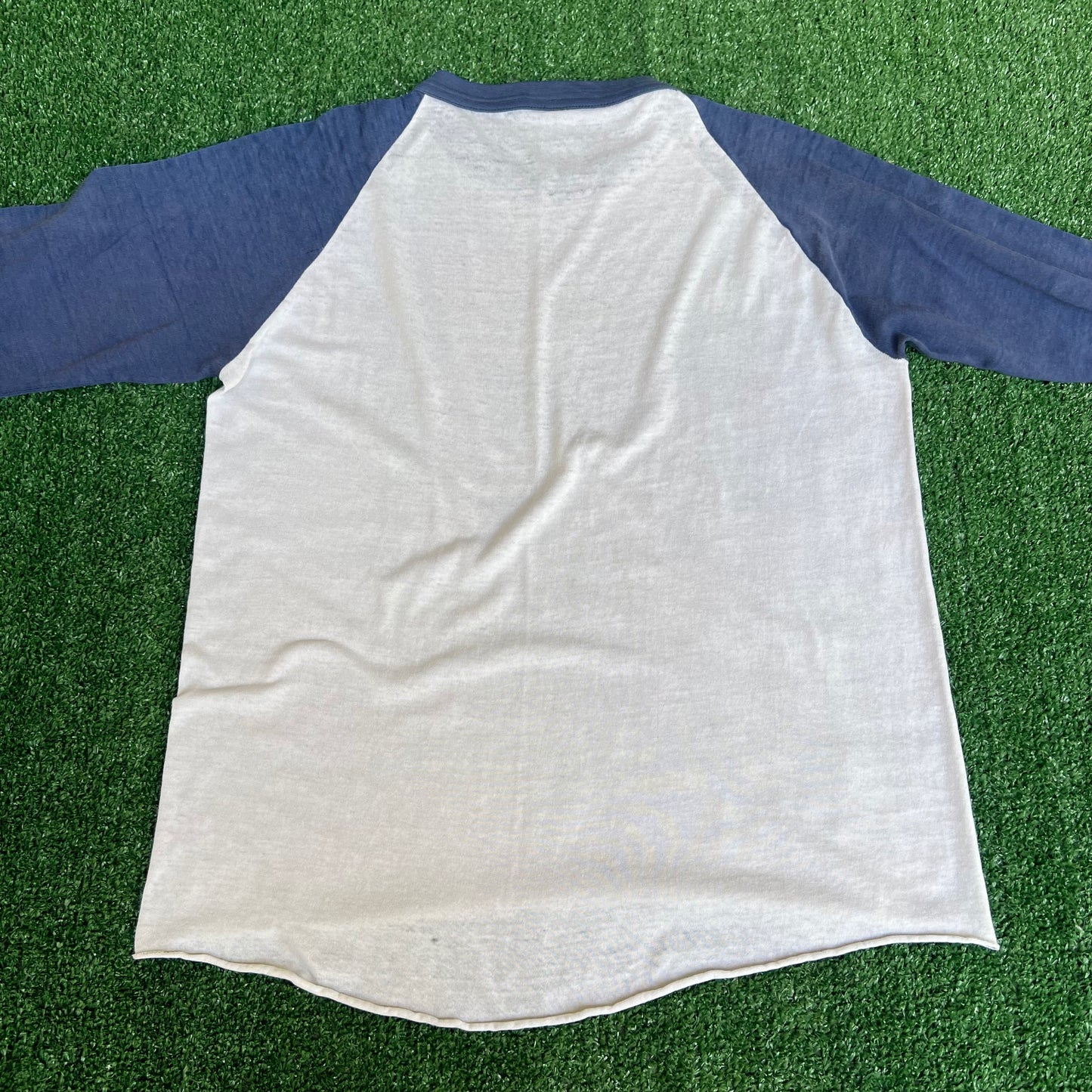 VTG 70s Men's WVU West Virginia Mountaineers White Blue Raglan Cut T-Shirt - Small
