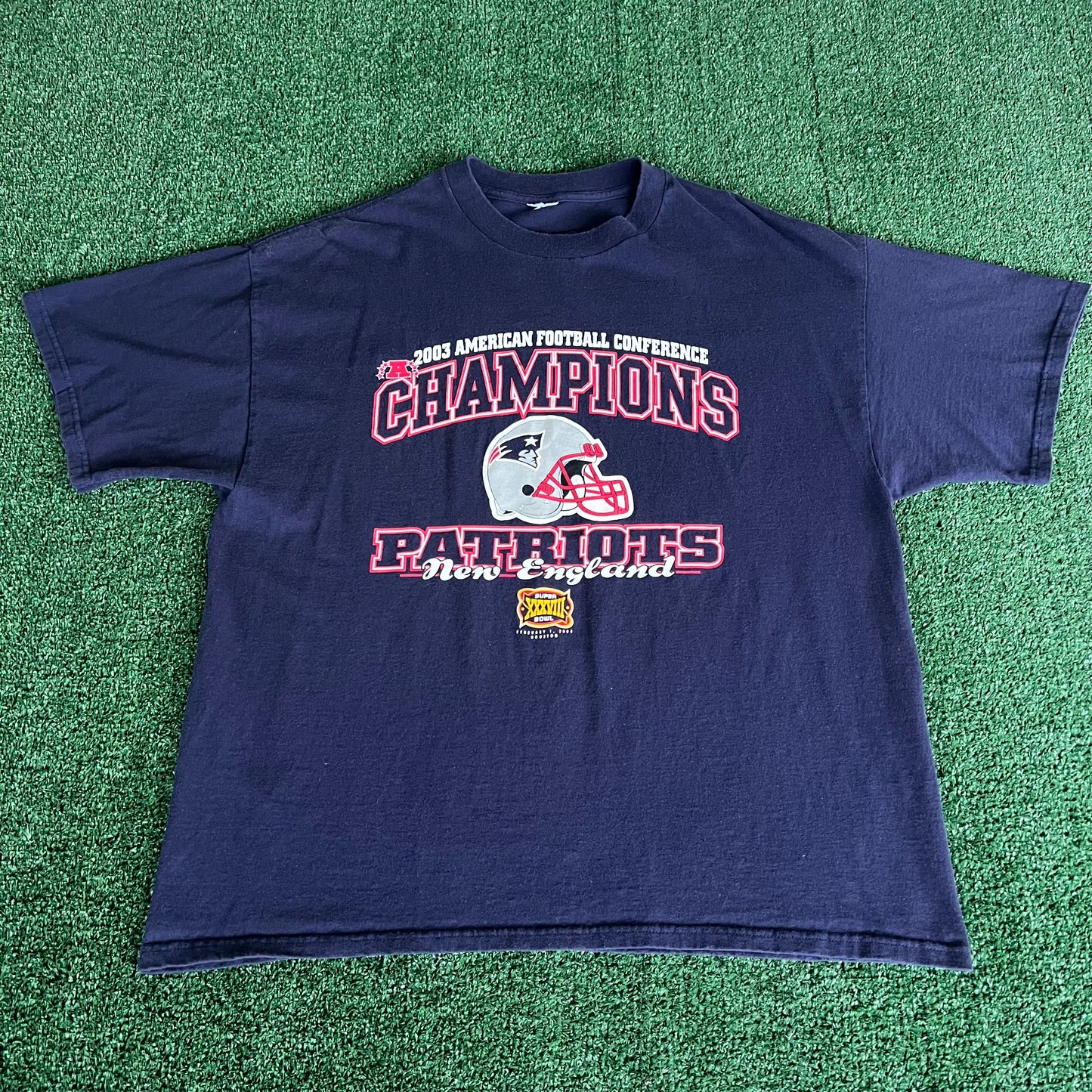 Y2K 2003 NFL New England Patriots Tom Brady AFC Champs Navy T-Shirt - XL