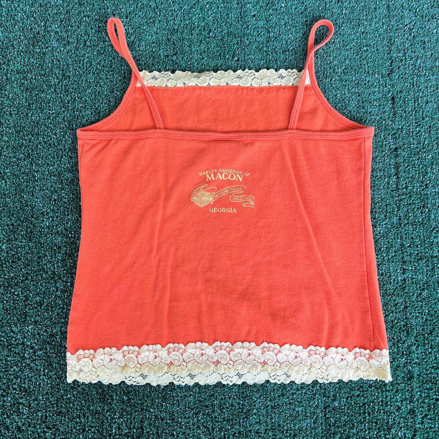 Women's Y2K Harley-Davidson Spaghetti Tank Top Floral Lace Orange Shirt- XS 15.75x16"