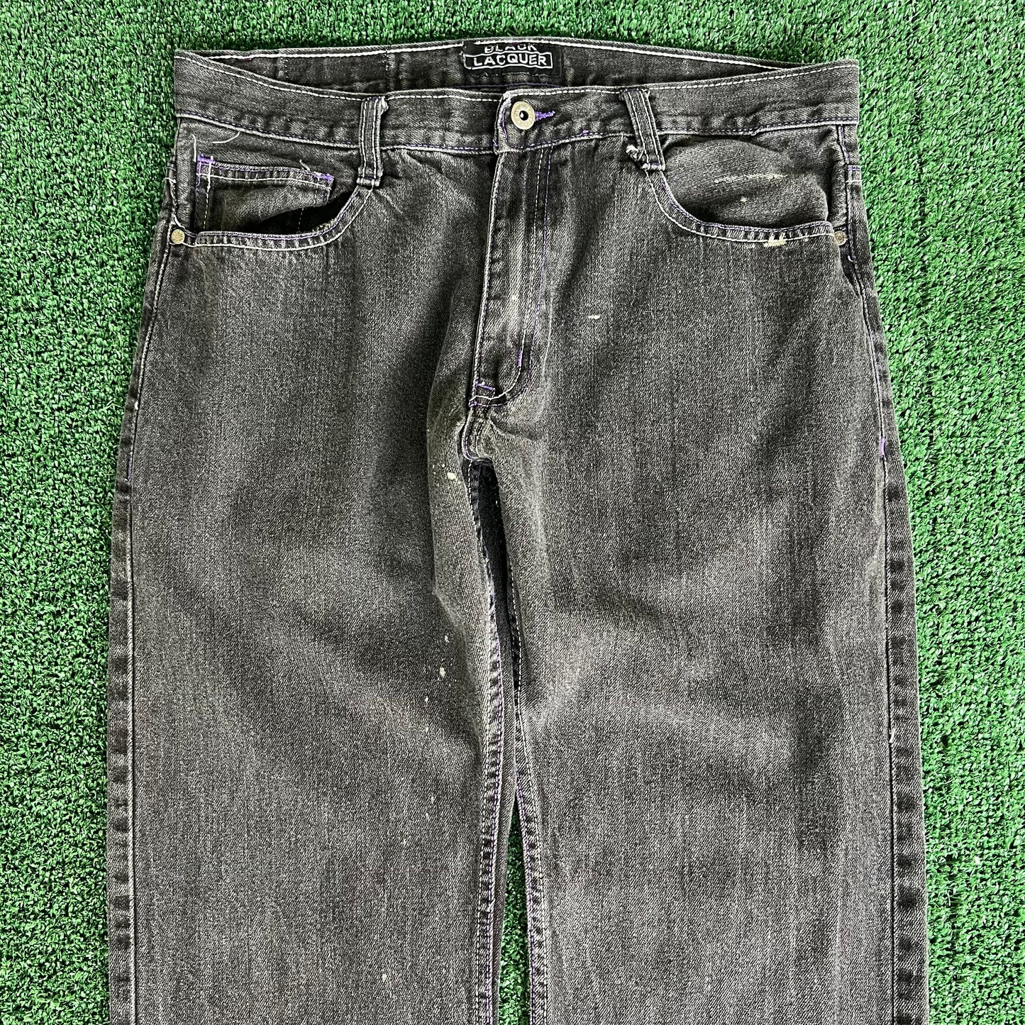 Y2K Baggy Straight Black Purple Embroidered Jeans - 35x31" 18" Openings