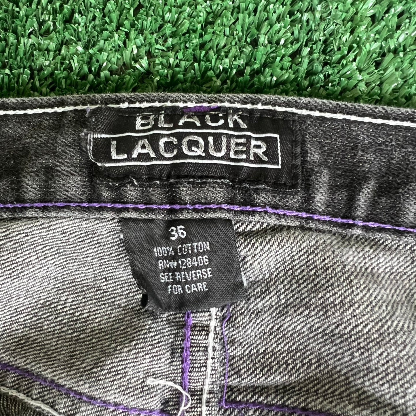 Y2K Baggy Straight Black Purple Embroidered Jeans - 35x31" 18" Openings
