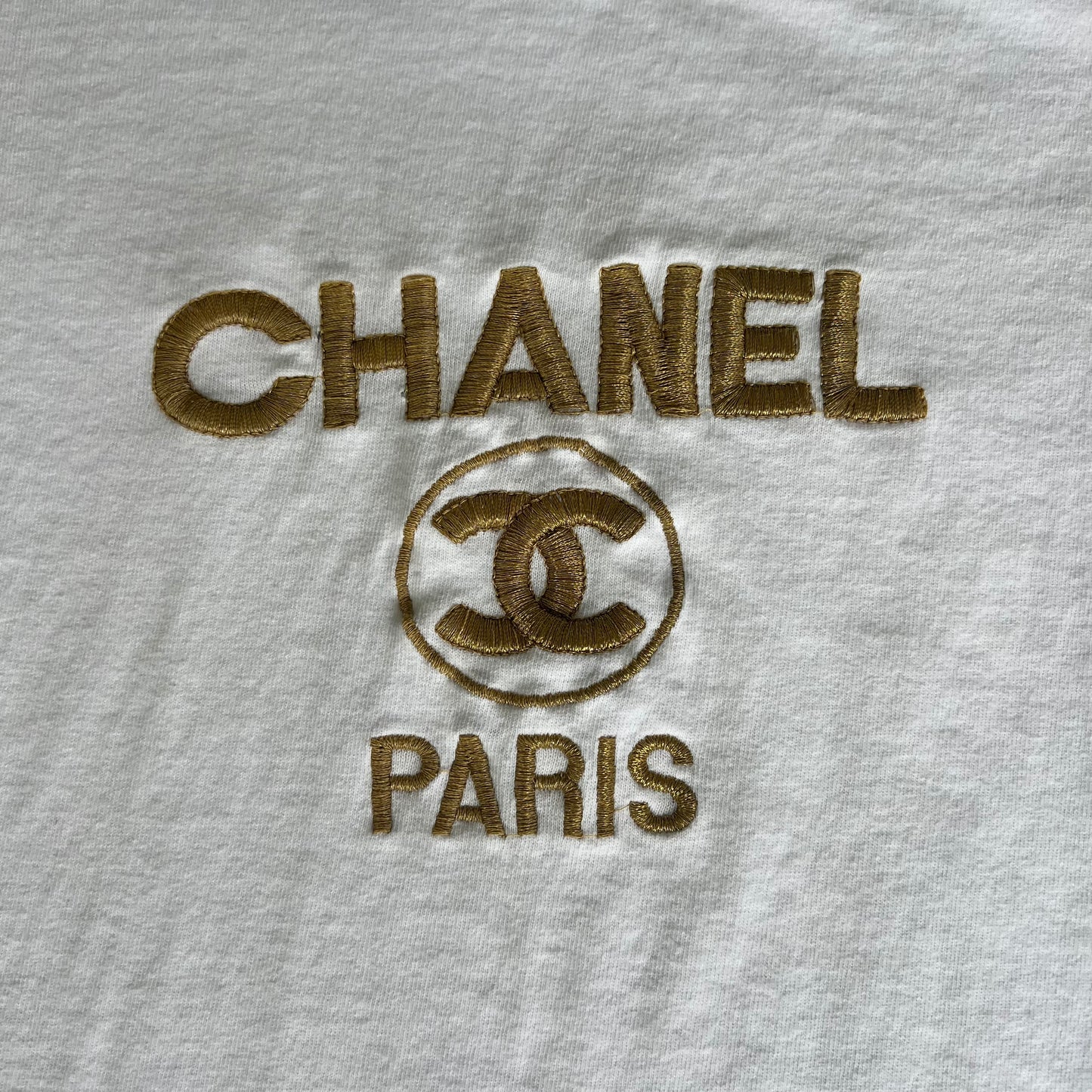 90s Chanel Paris Bootleg Gold Embroidered White T-Shirt - Large