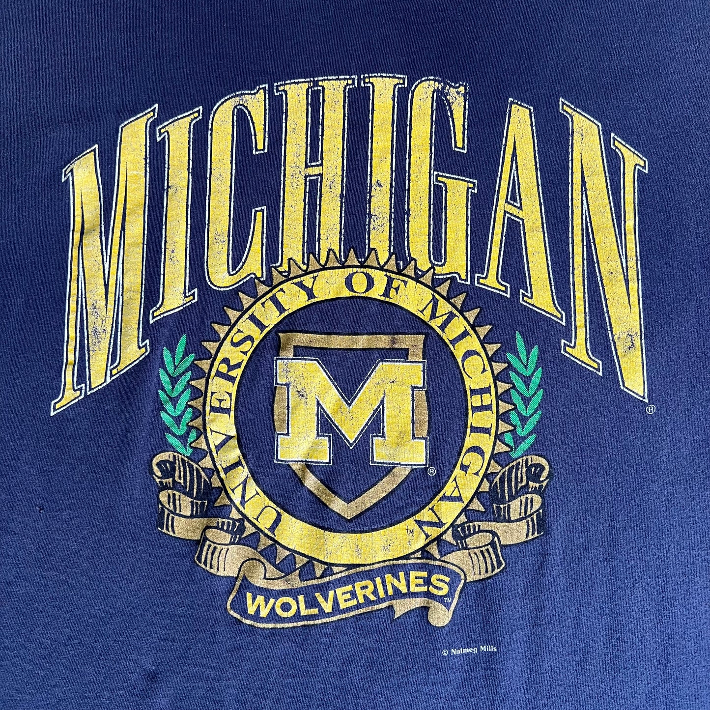 90s Nutmeg Michigan Wolverines UM Blue Distressed T-Shirt - 2XL