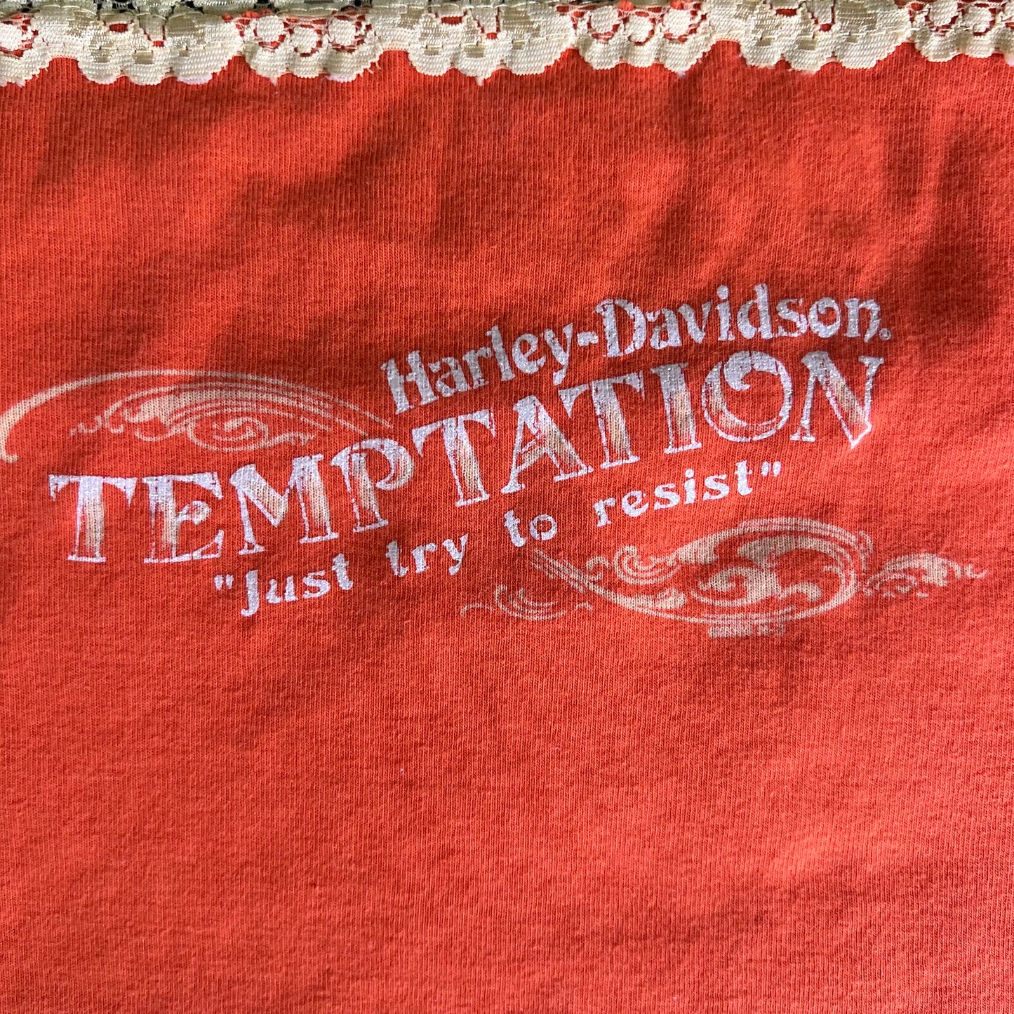Women's Y2K Harley-Davidson Spaghetti Tank Top Floral Lace Orange Shirt- XS 15.75x16"