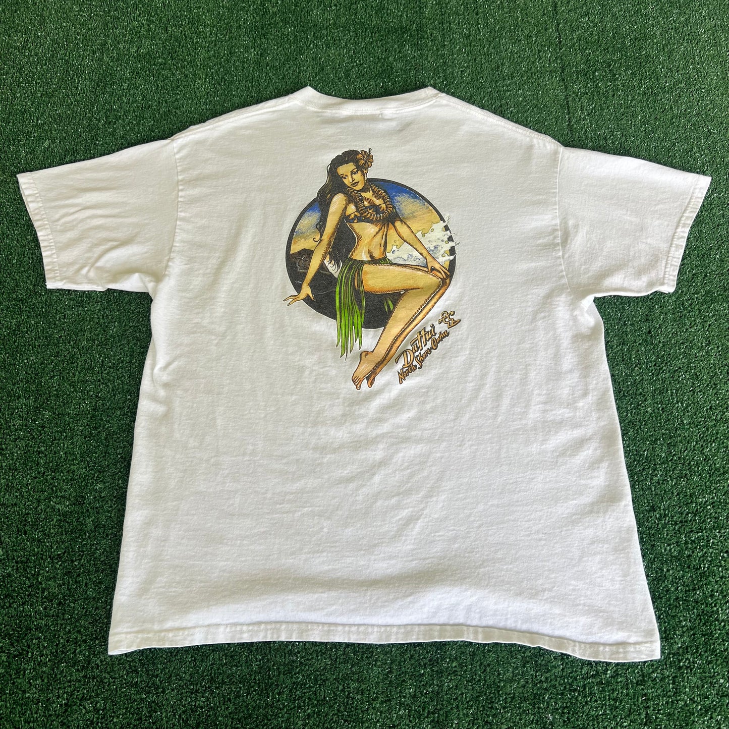 90s Y2K Da Hui Surfing Cartoon Hula Girl White Lost Style T-Shirt - Large