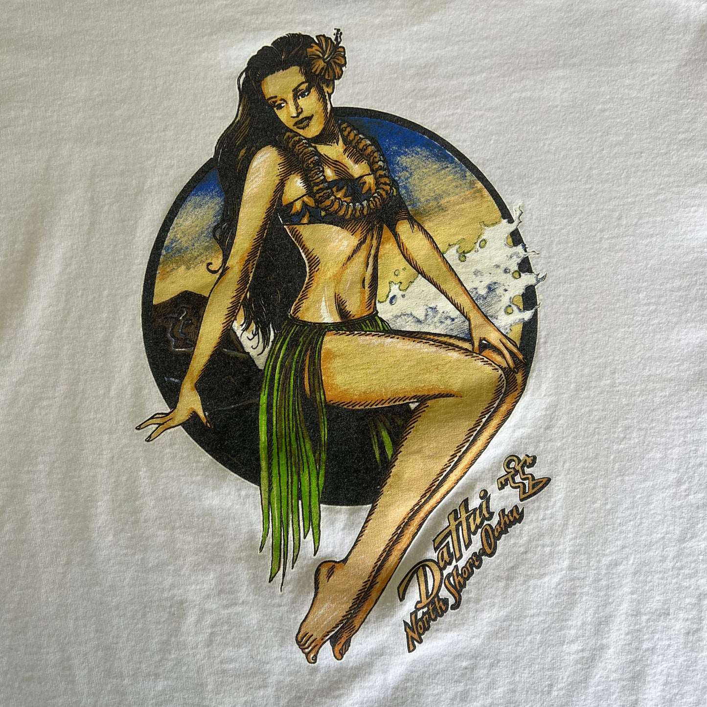 90s Y2K Da Hui Surfing Cartoon Hula Girl White Lost Style T-Shirt - Large