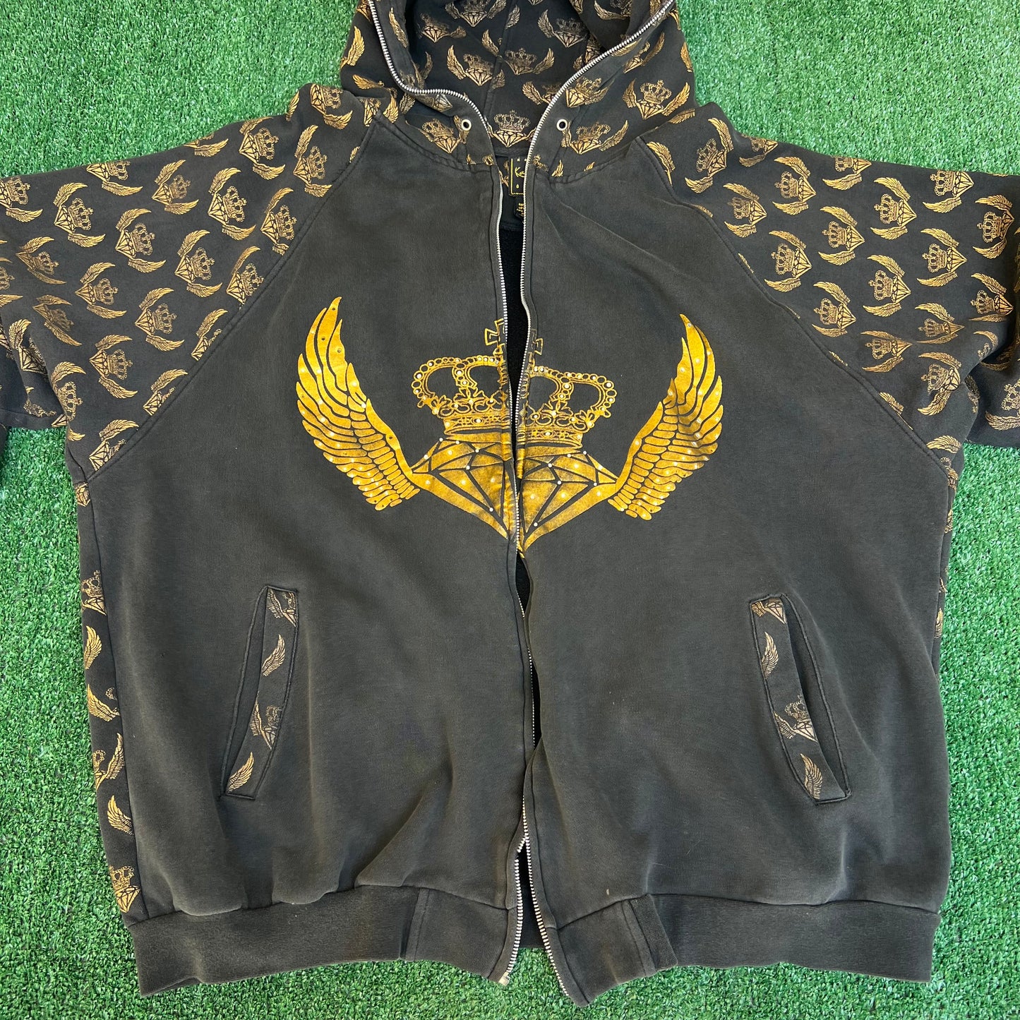 Vintage Y2K Karl Kani Gold Black AOP Zip Up Hoodie Wing Jesse Pinkman - 4XL 28x29"