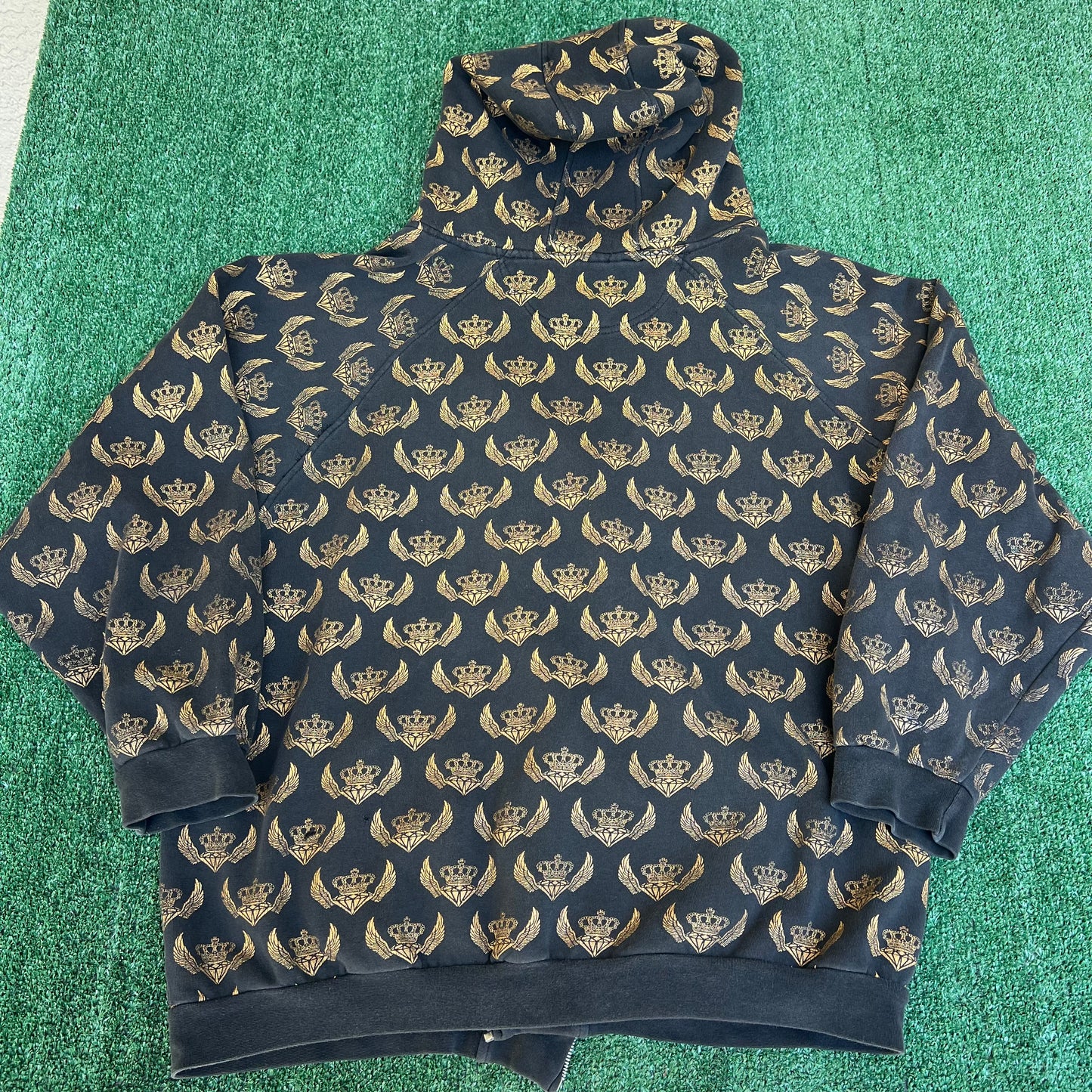 Vintage Y2K Karl Kani Gold Black AOP Zip Up Hoodie Wing Jesse Pinkman - 4XL 28x29"
