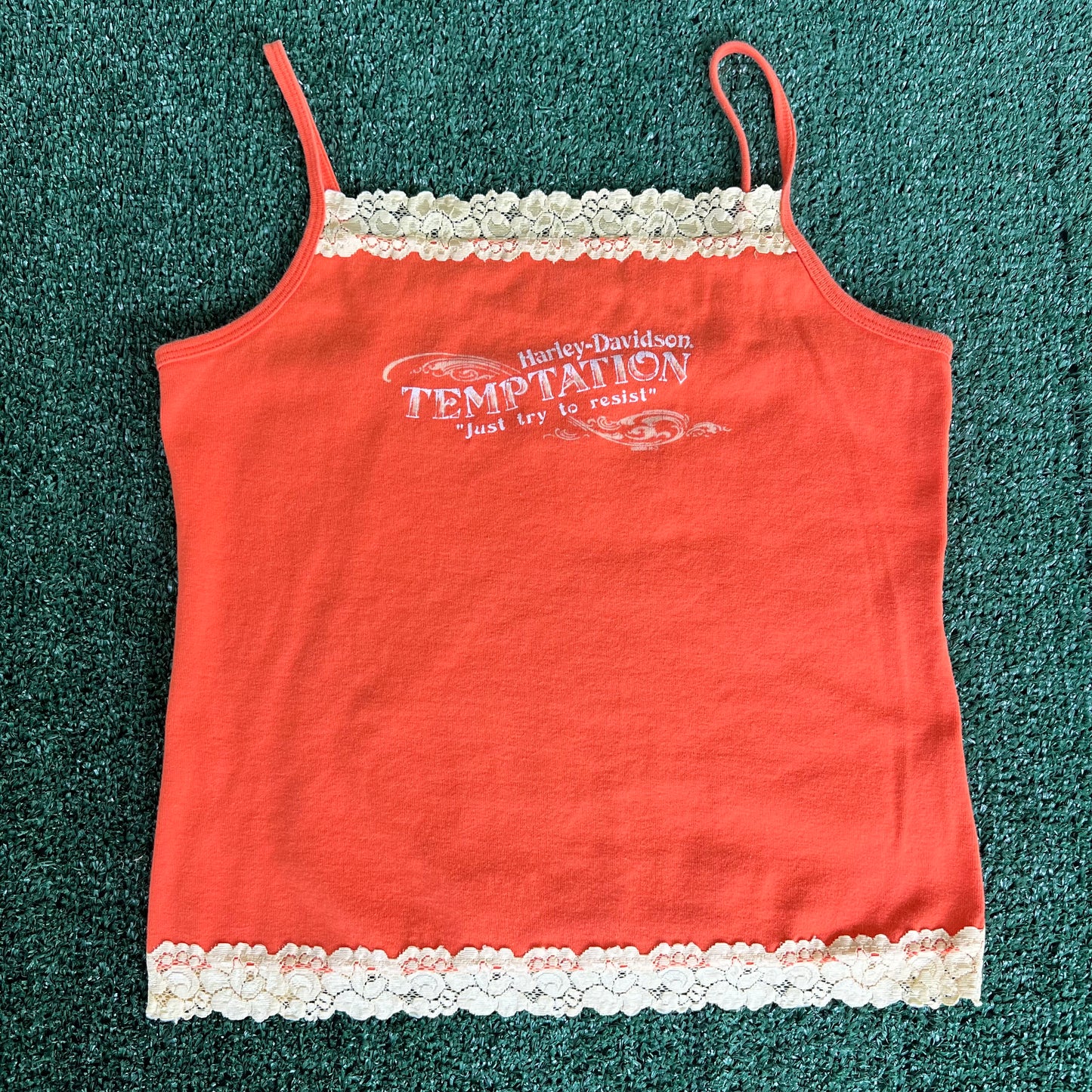 Women's Y2K Harley-Davidson Spaghetti Tank Top Floral Lace Orange Shirt- XS 15.75x16"