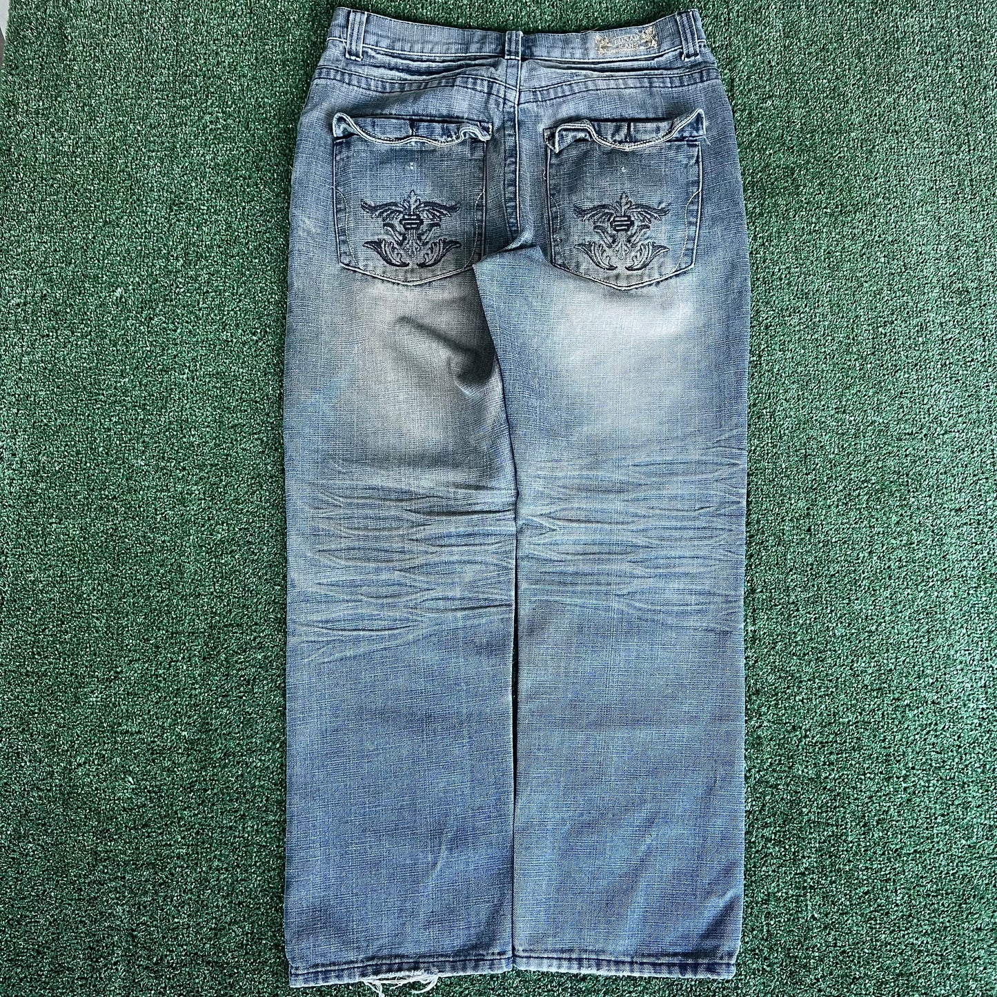 Y2K Fusai Baggy Flap Pocket Skate Blue Jeans - 35x30" 19" Open