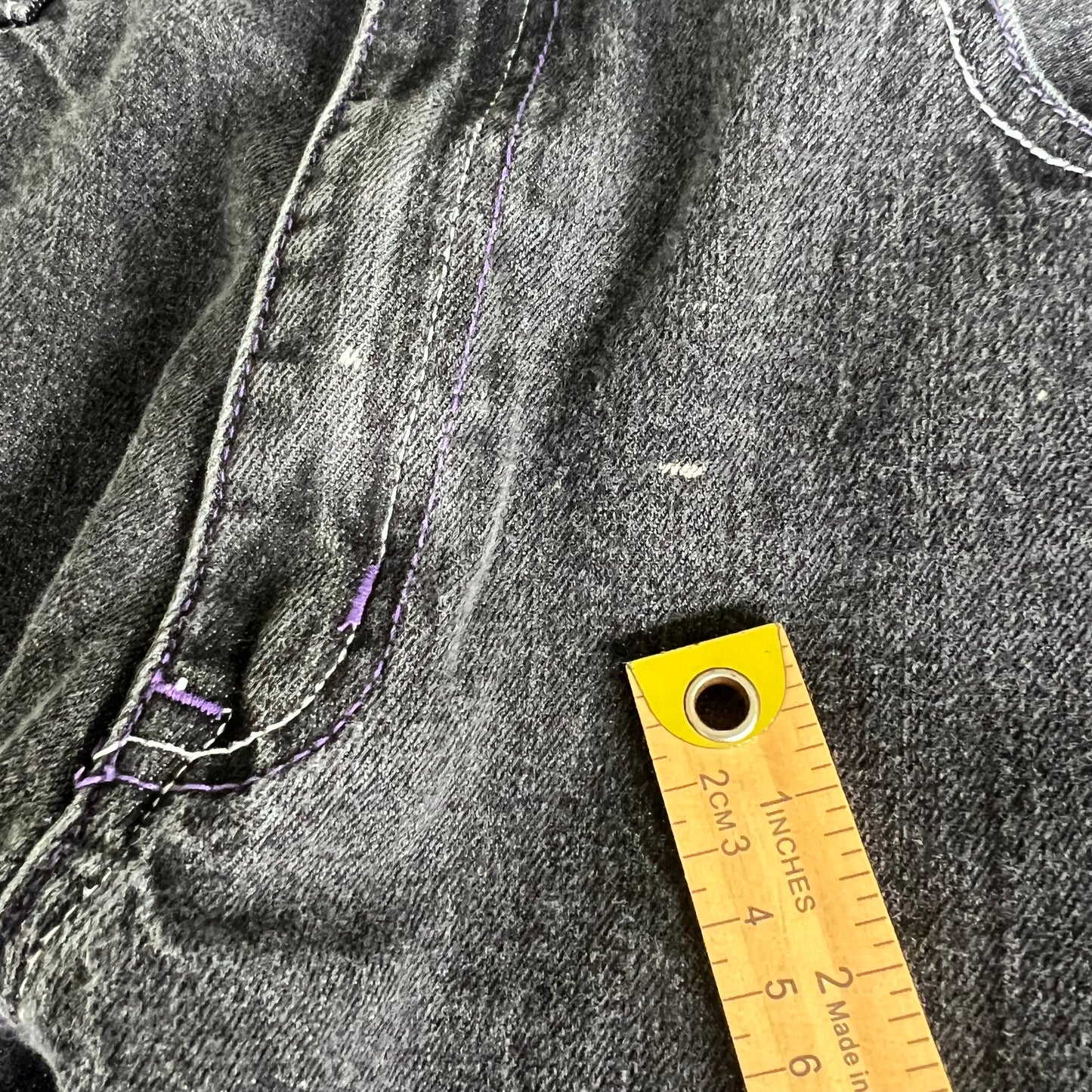 Y2K Baggy Straight Black Purple Embroidered Jeans - 35x31" 18" Openings