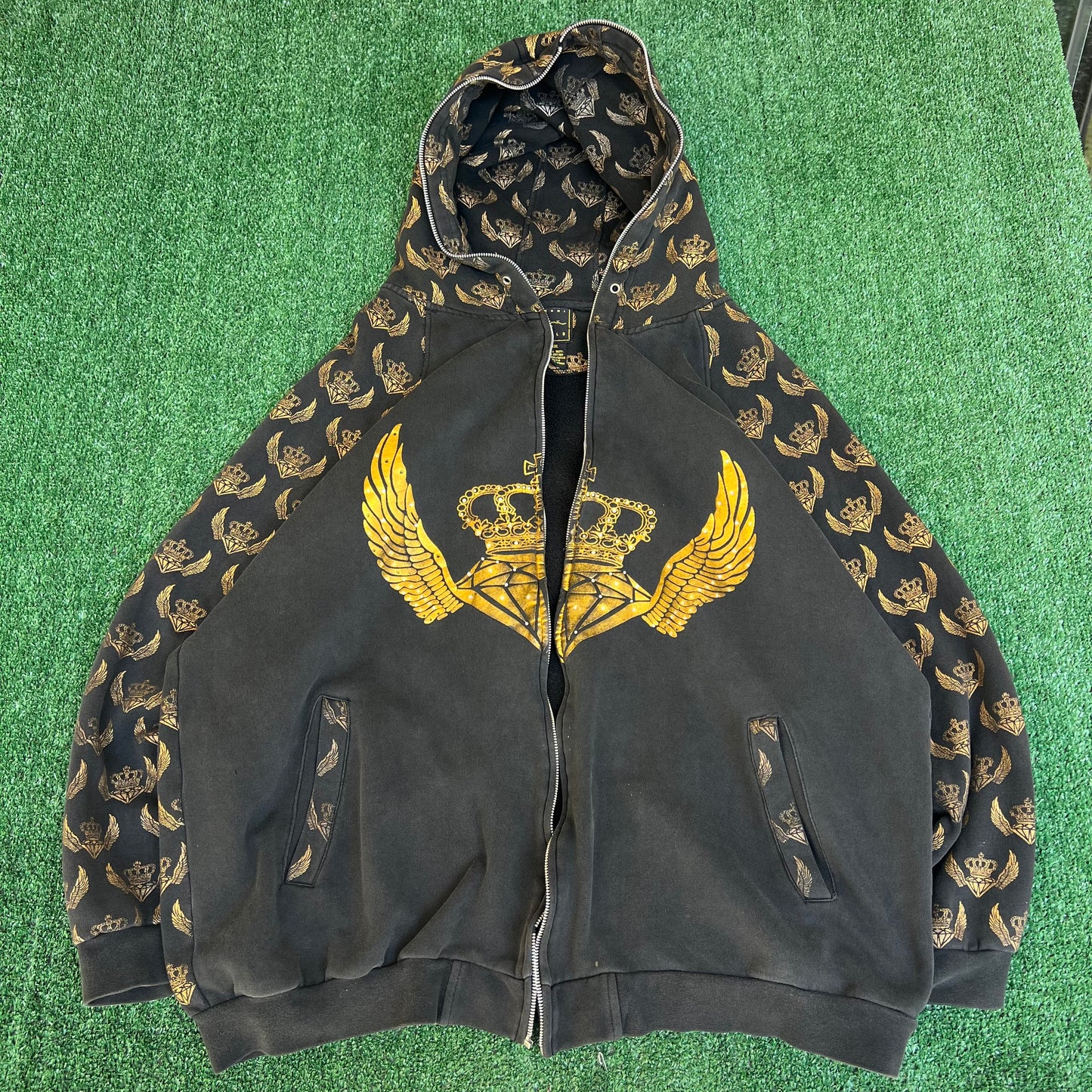 Vintage Y2K Karl Kani Gold Black AOP Zip Up Hoodie Wing Jesse Pinkman - 4XL 28x29"
