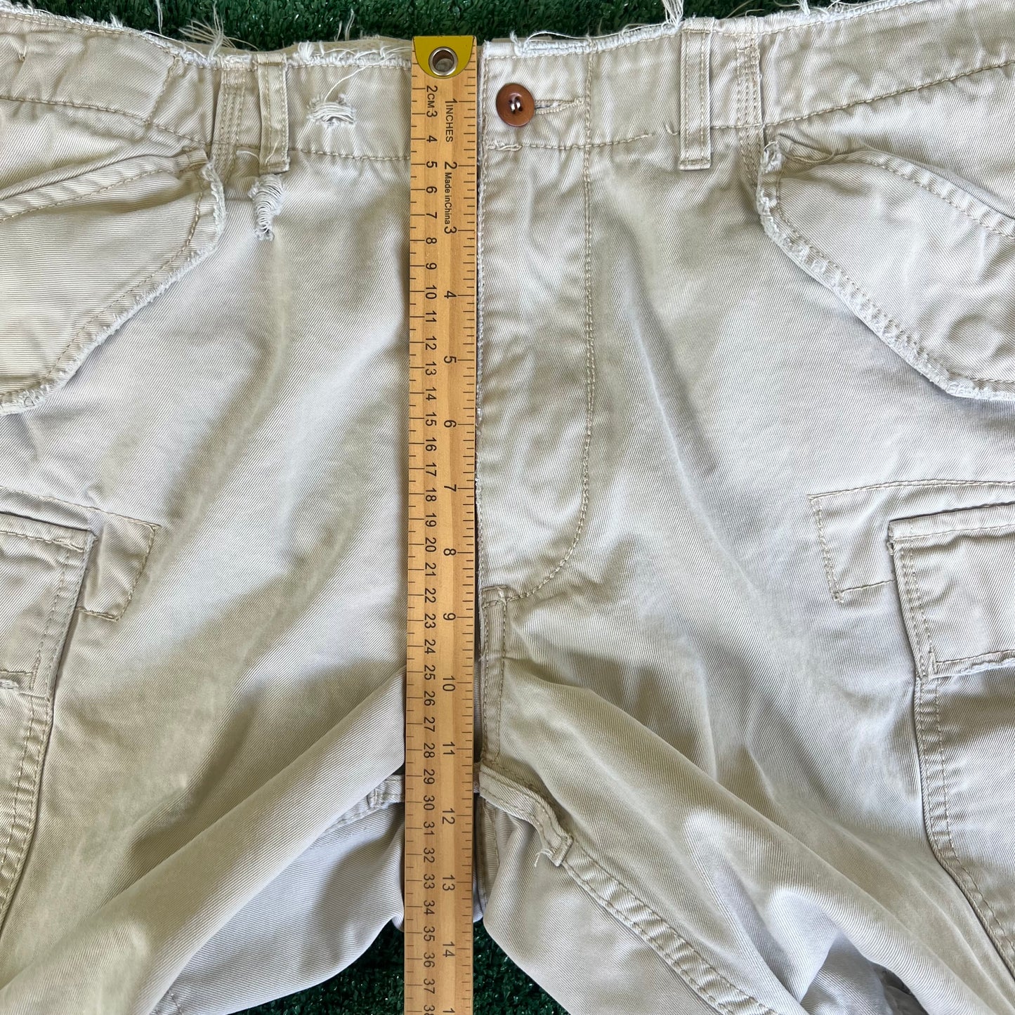 Y2K Polo Ralph Lauren Light Khaki Type 1 Paratrooper Distressed Canvas Shorts - 38x10"