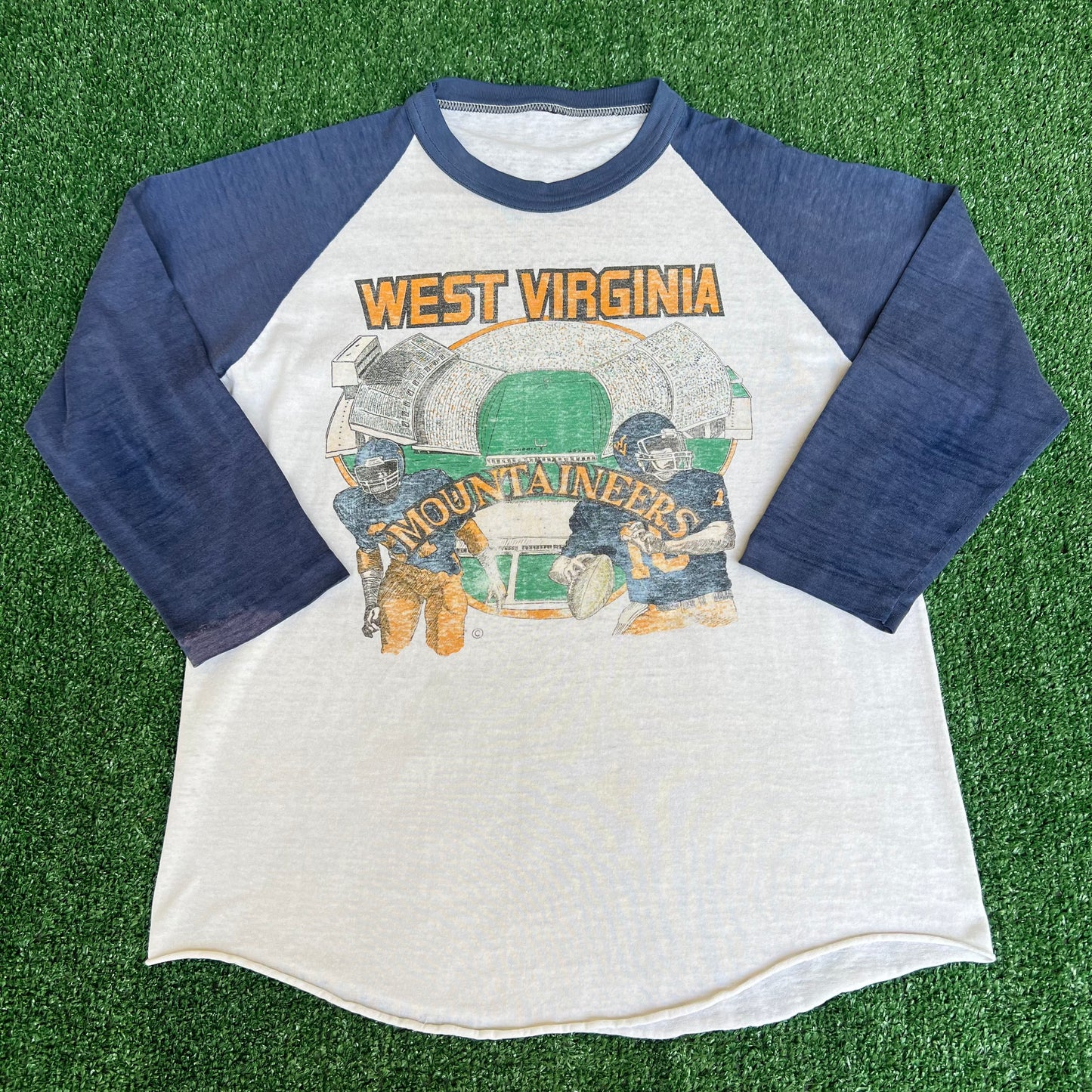 VTG 70s Men's WVU West Virginia Mountaineers White Blue Raglan Cut T-Shirt - Small