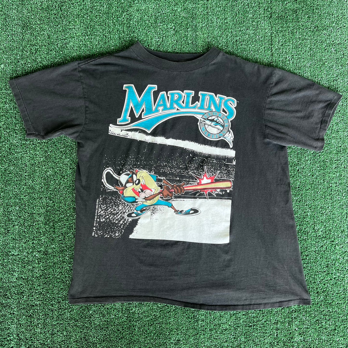 90s MLB Florida Marlins Looney Tunes Taz Faded Black T-Shirt - Large