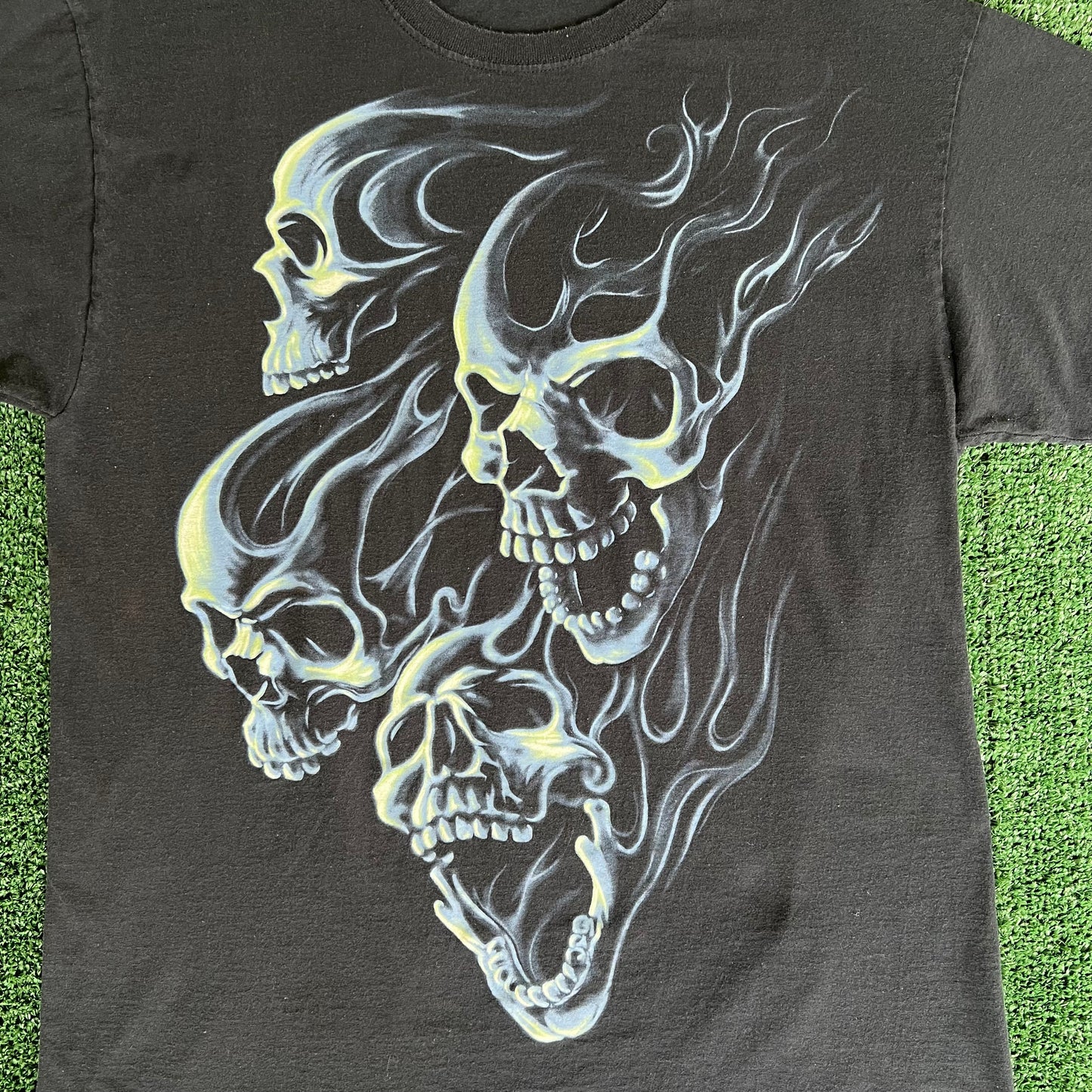 Y2K Skull Pile Tribal Flame Glow in The Dark Black T-Shirt - Large