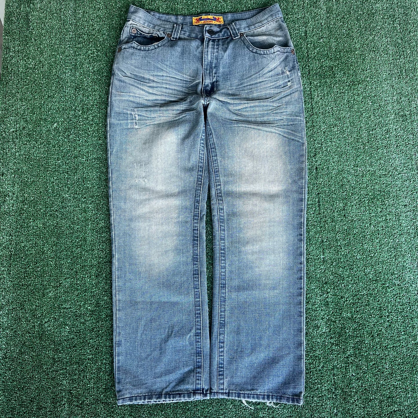 Y2K Fusai Baggy Flap Pocket Skate Blue Jeans - 35x30" 19" Open