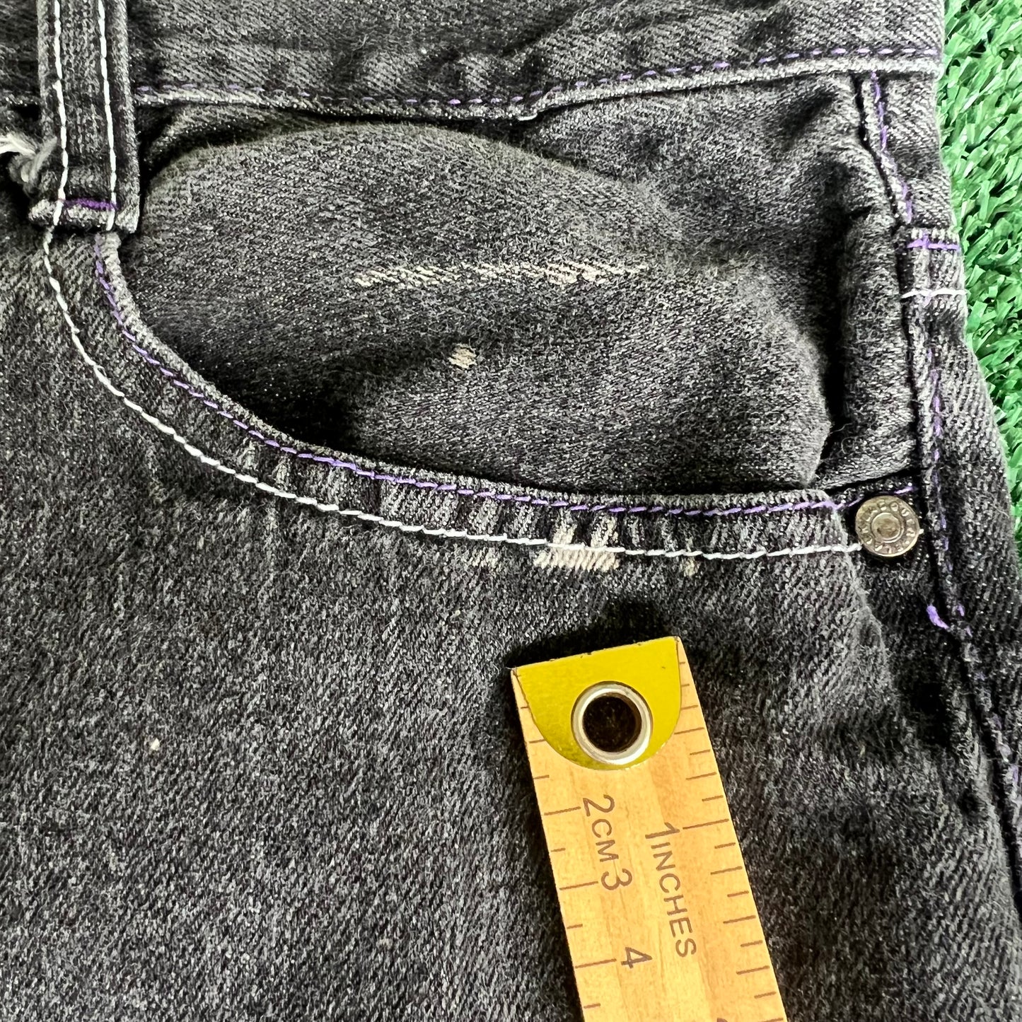 Y2K Baggy Straight Black Purple Embroidered Jeans - 35x31" 18" Openings