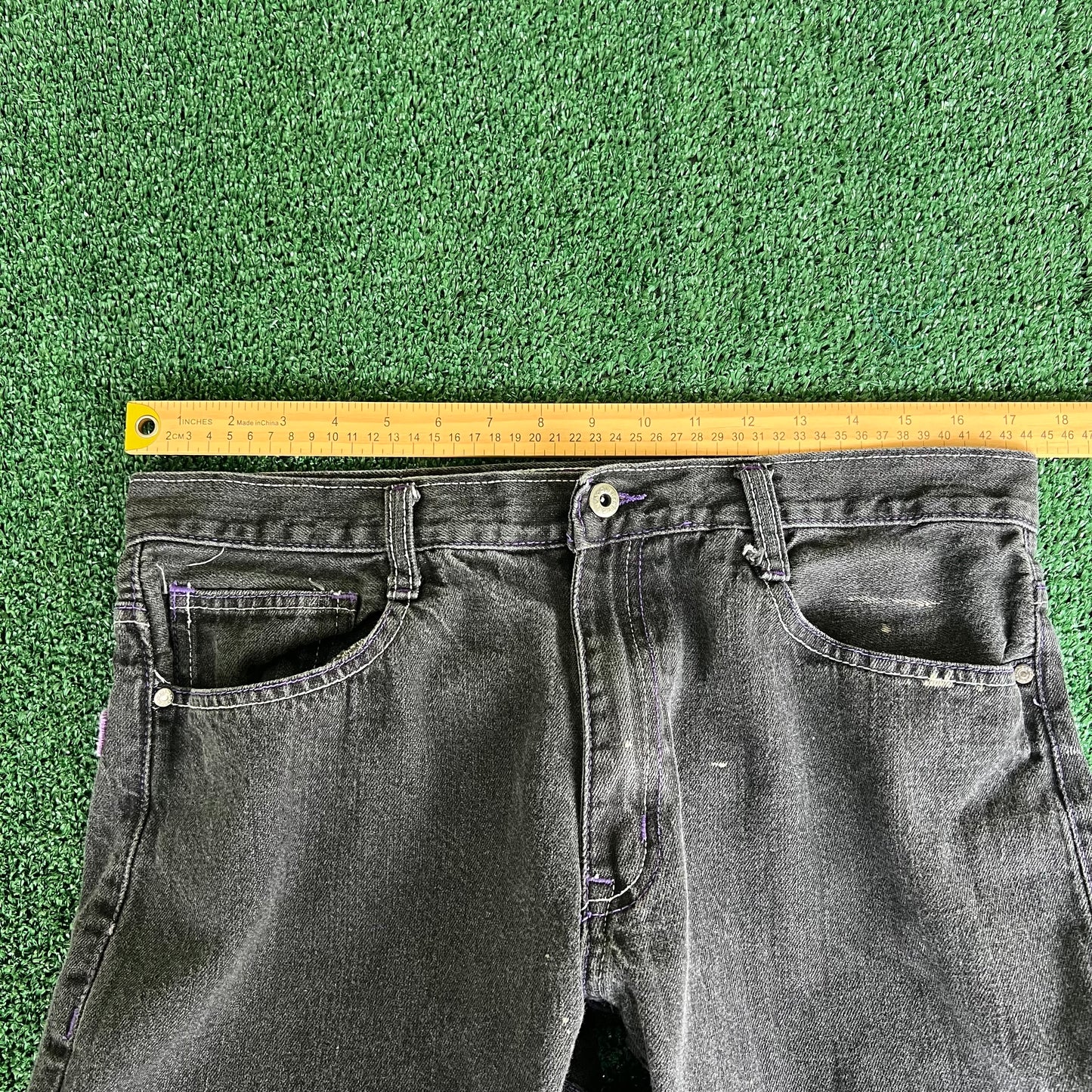 Y2K Baggy Straight Black Purple Embroidered Jeans - 35x31" 18" Openings