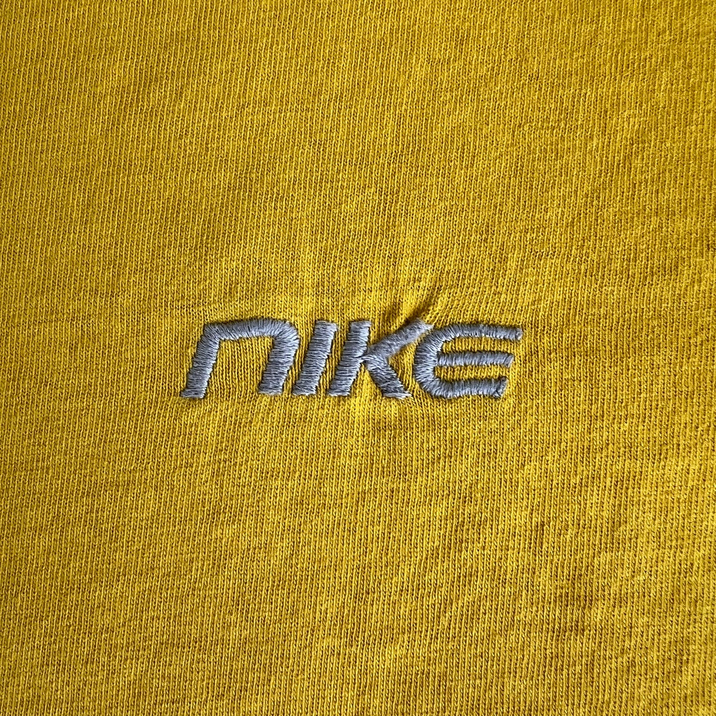 Y2K Nike Yellow Embroidered Essential Spellout Distressed T-Shirt - Medium