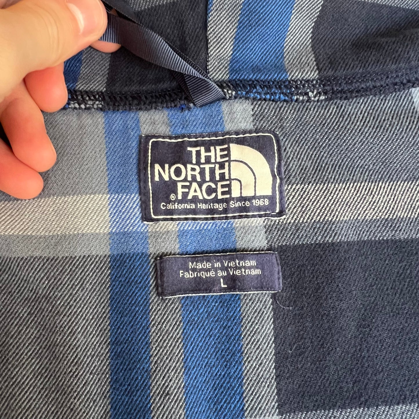 Vintage Y2K Men's The North Face Navy Blue Plaid Flannel Lined Zip Hoodie - Large