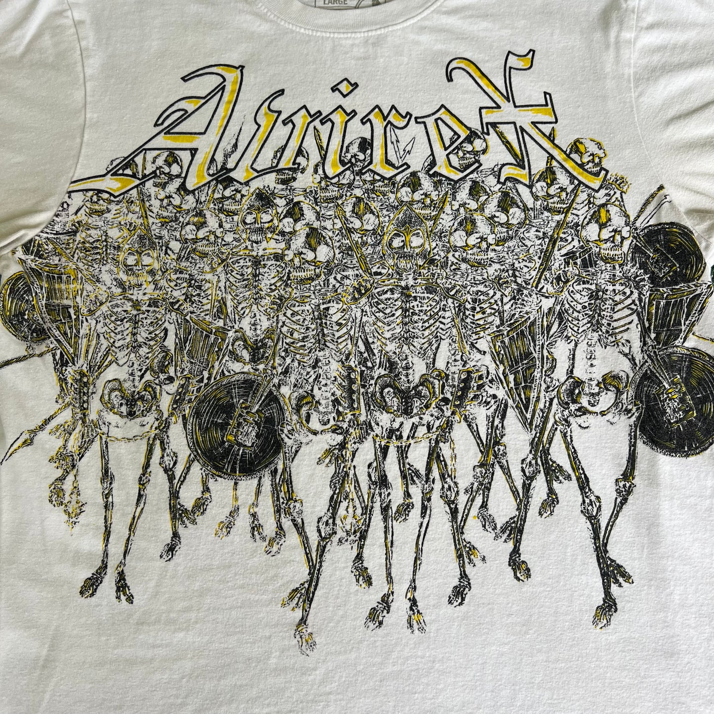 Y2K Avirex Grave House Semetary & Ghost Mountain White Gold Skeleton Army T-Shirt - Large