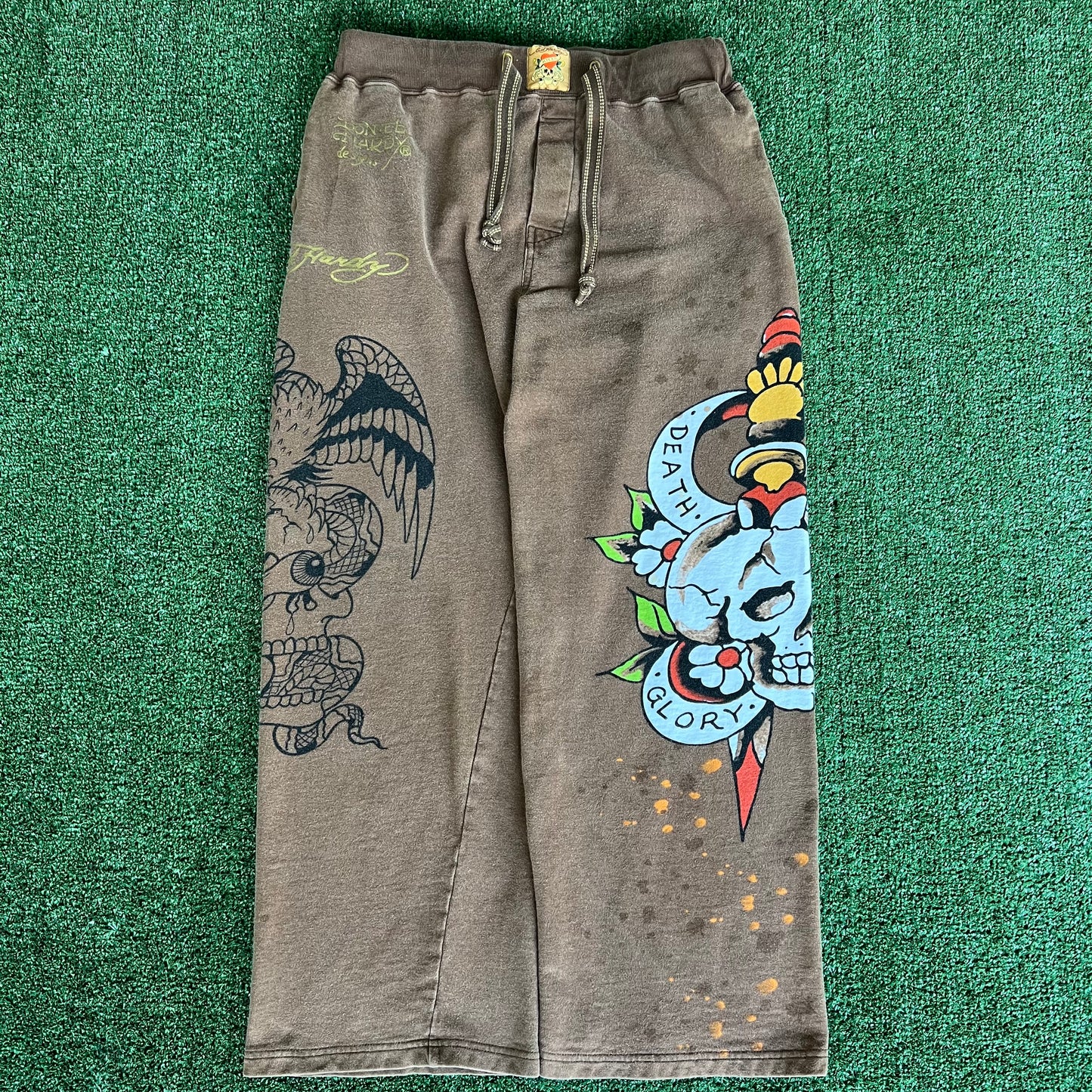 Y2K Ed Hardy Skull Faded Brown Baggy Wide-Leg Sweatpants - Large 31x28.5" 21.5" Openings