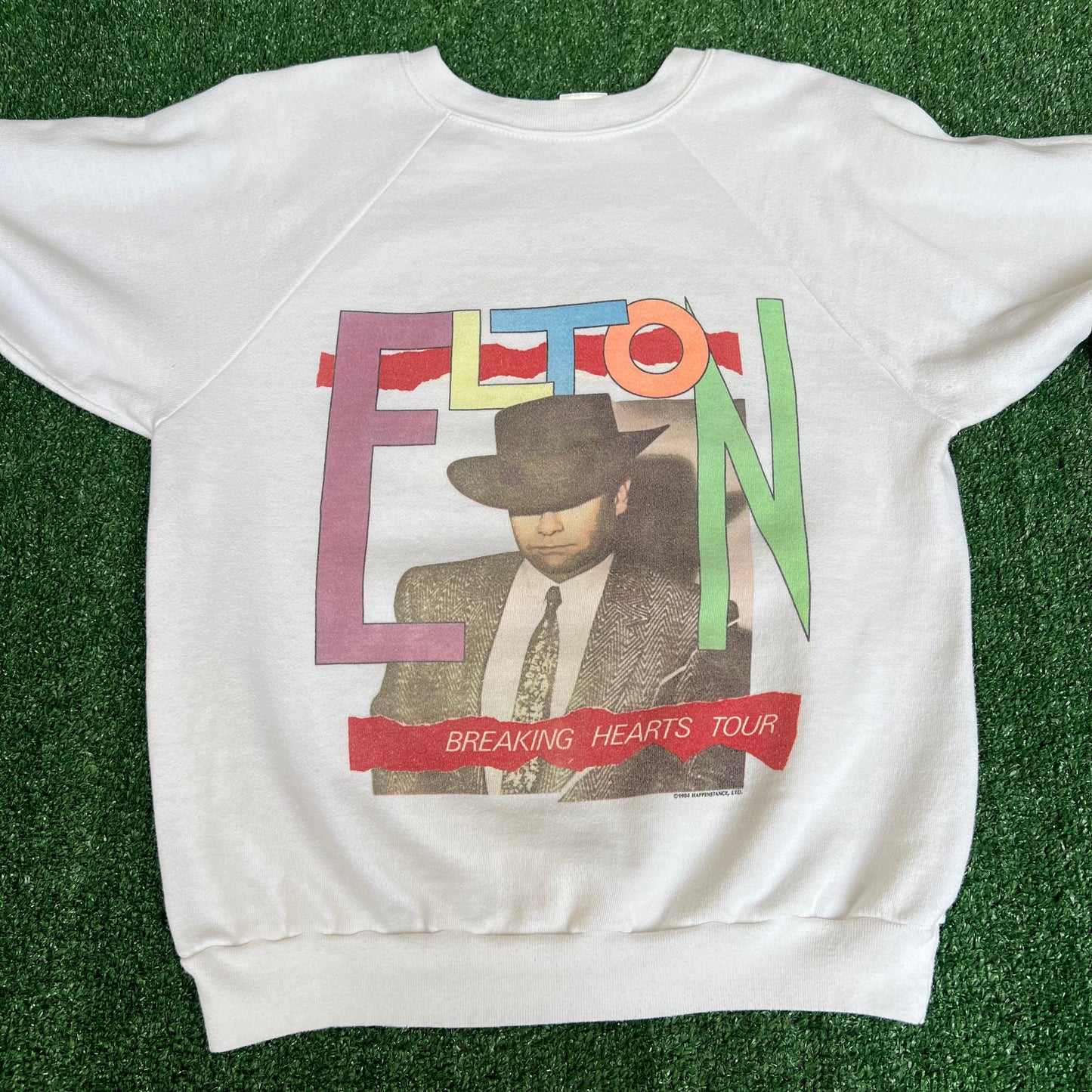 Vintage 1984 Men's Elton John Tour White Raglan Cut Crewneck Sweatshirt Small 20x24"