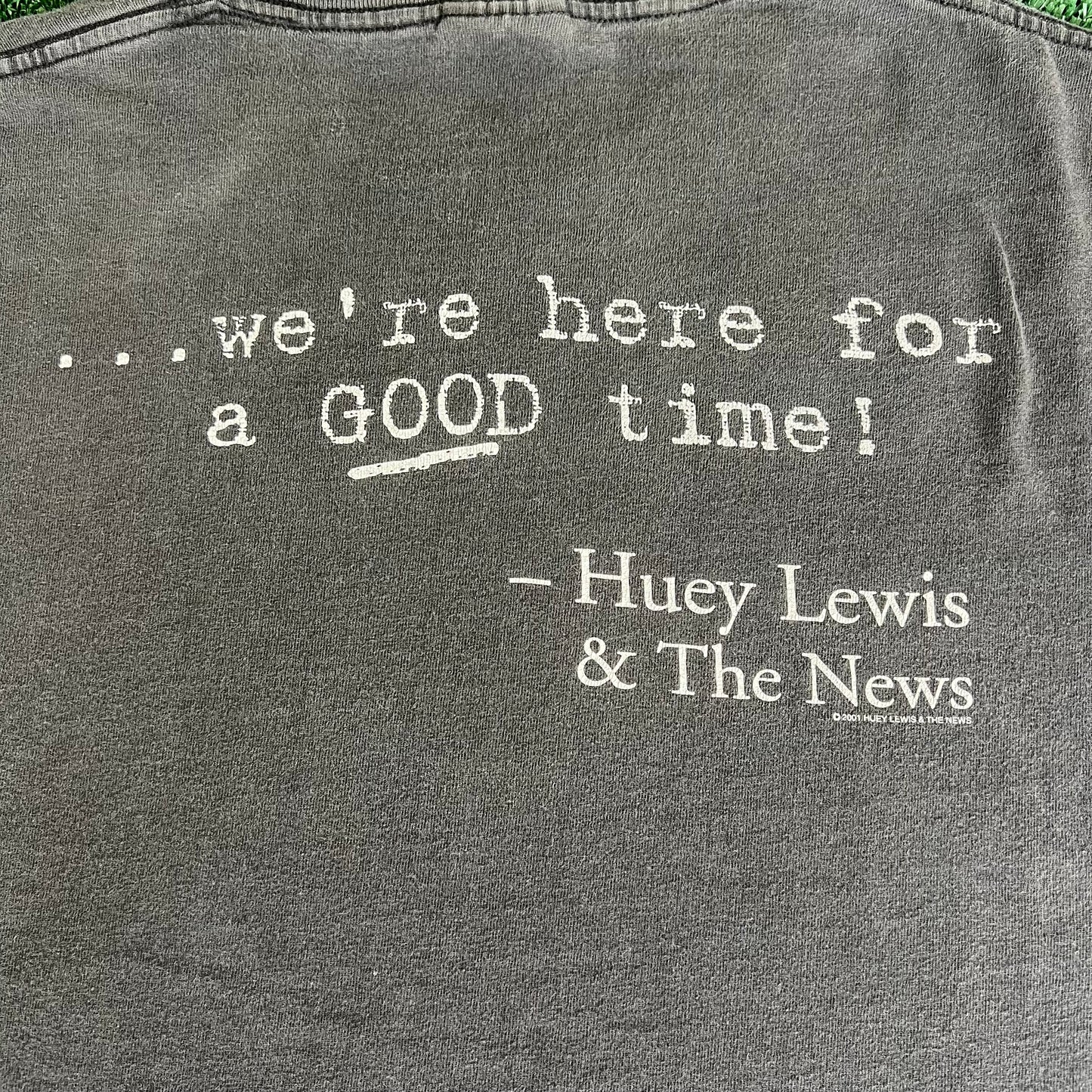 Y2K Huey Lewis and The News Rock Band Lyrics Faded Black T-Shirt - Large
