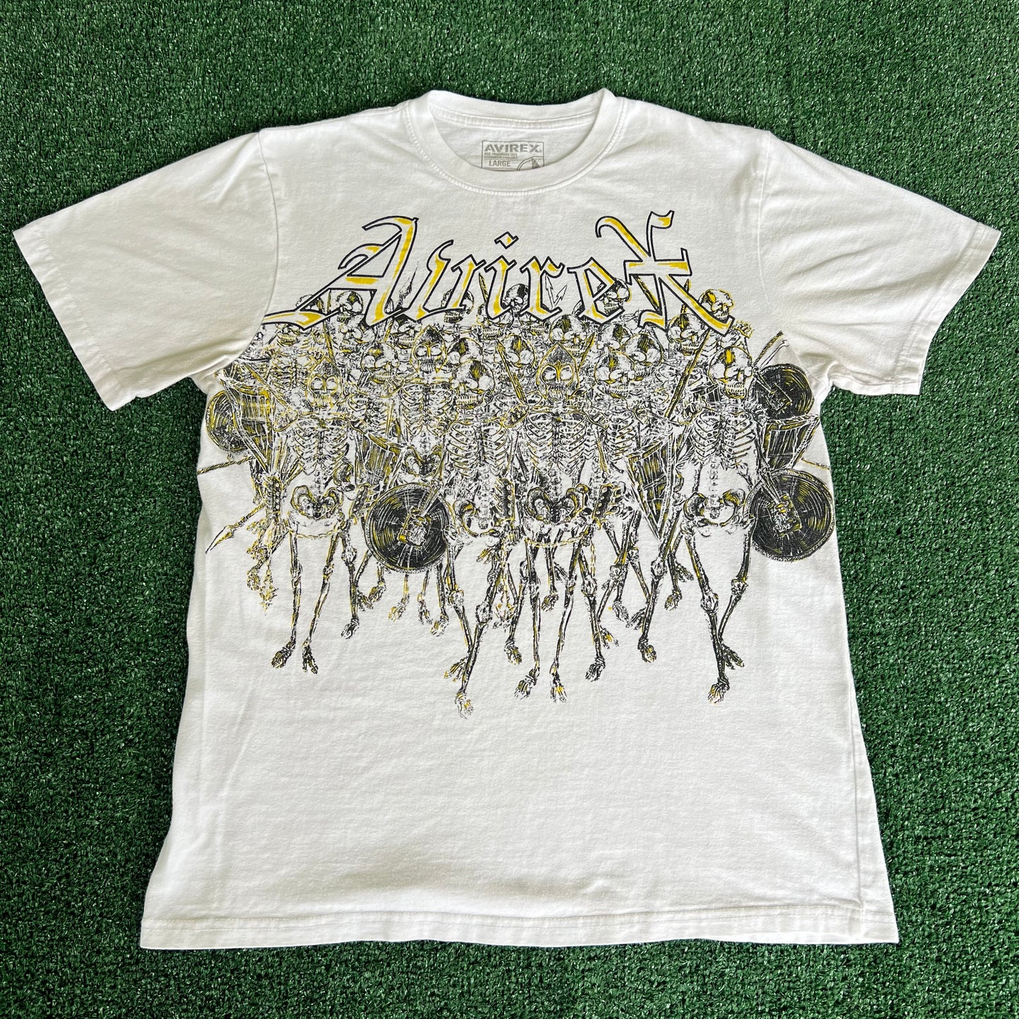 Y2K Avirex Grave House Semetary & Ghost Mountain White Gold Skeleton Army T-Shirt - Large