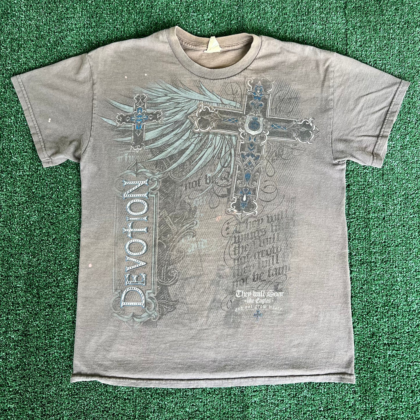 Y2K Devotion Cross Tribal Jesus Faded Gray T-Shirt - Medium