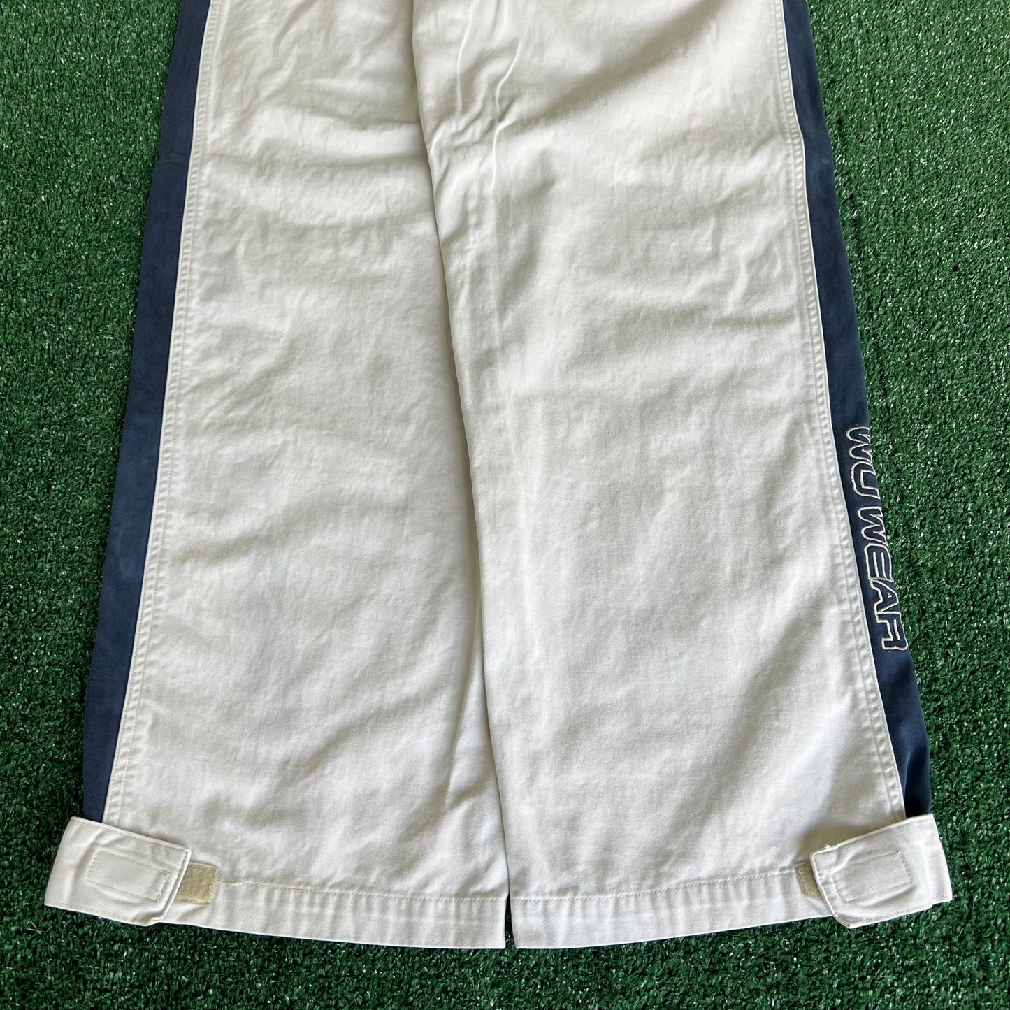 Y2K Wu Wear Distressed Baggy Light Khaki Faded Navy Striped Pants - 31x30.5" 20" Openings