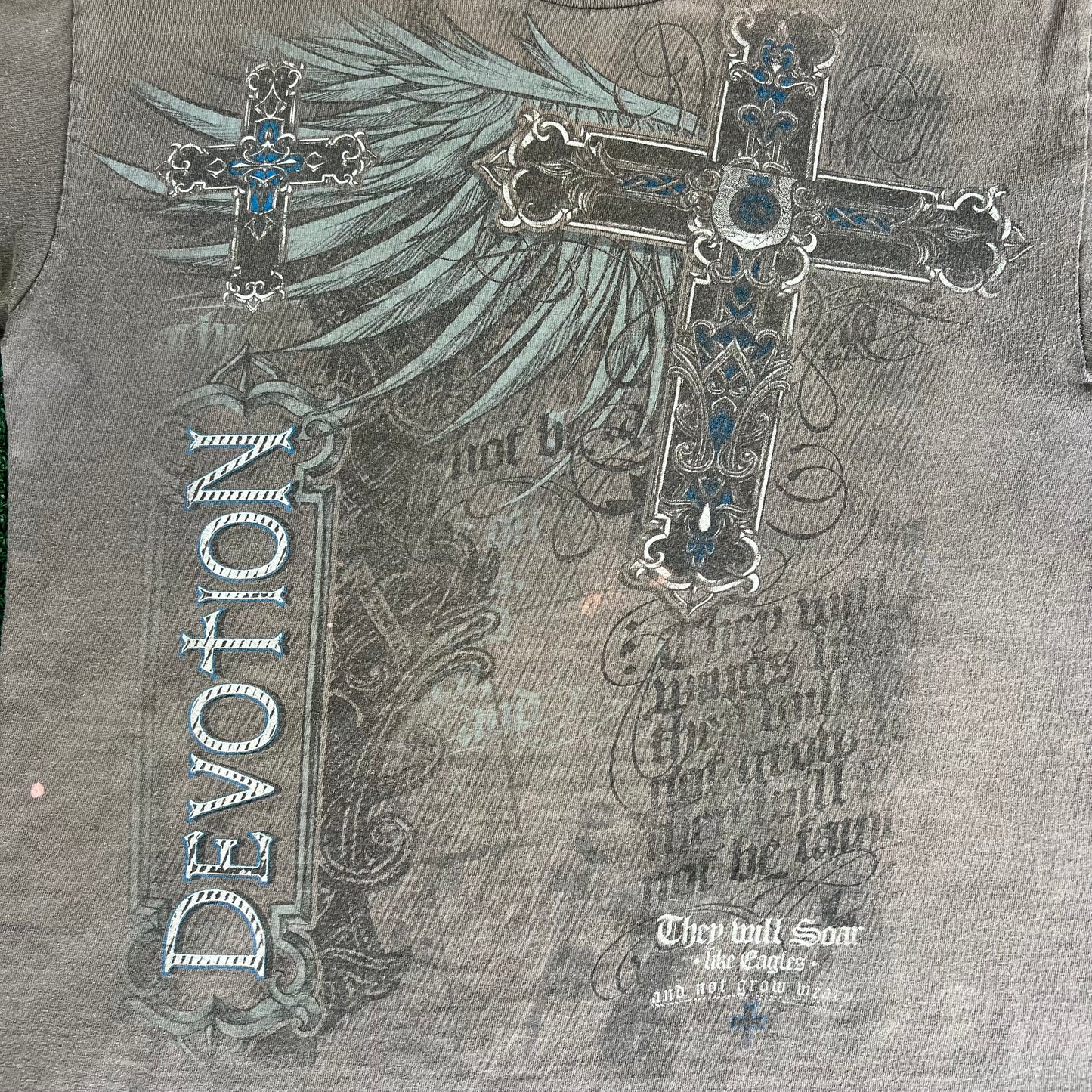 Y2K Devotion Cross Tribal Jesus Faded Gray T-Shirt - Medium