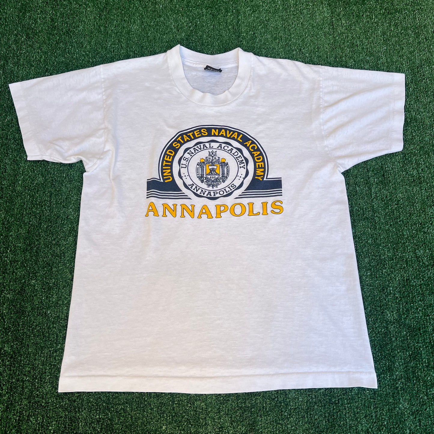Vintage 80s Men's US Naval Academy Annapolis White Single Stitch T-Shirt - Medium
