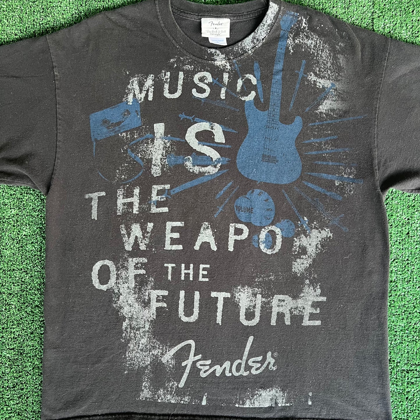 Y2K Fender Guitars "Music Is The Weapon Of The Future" AOP Black T-Shirt - XL