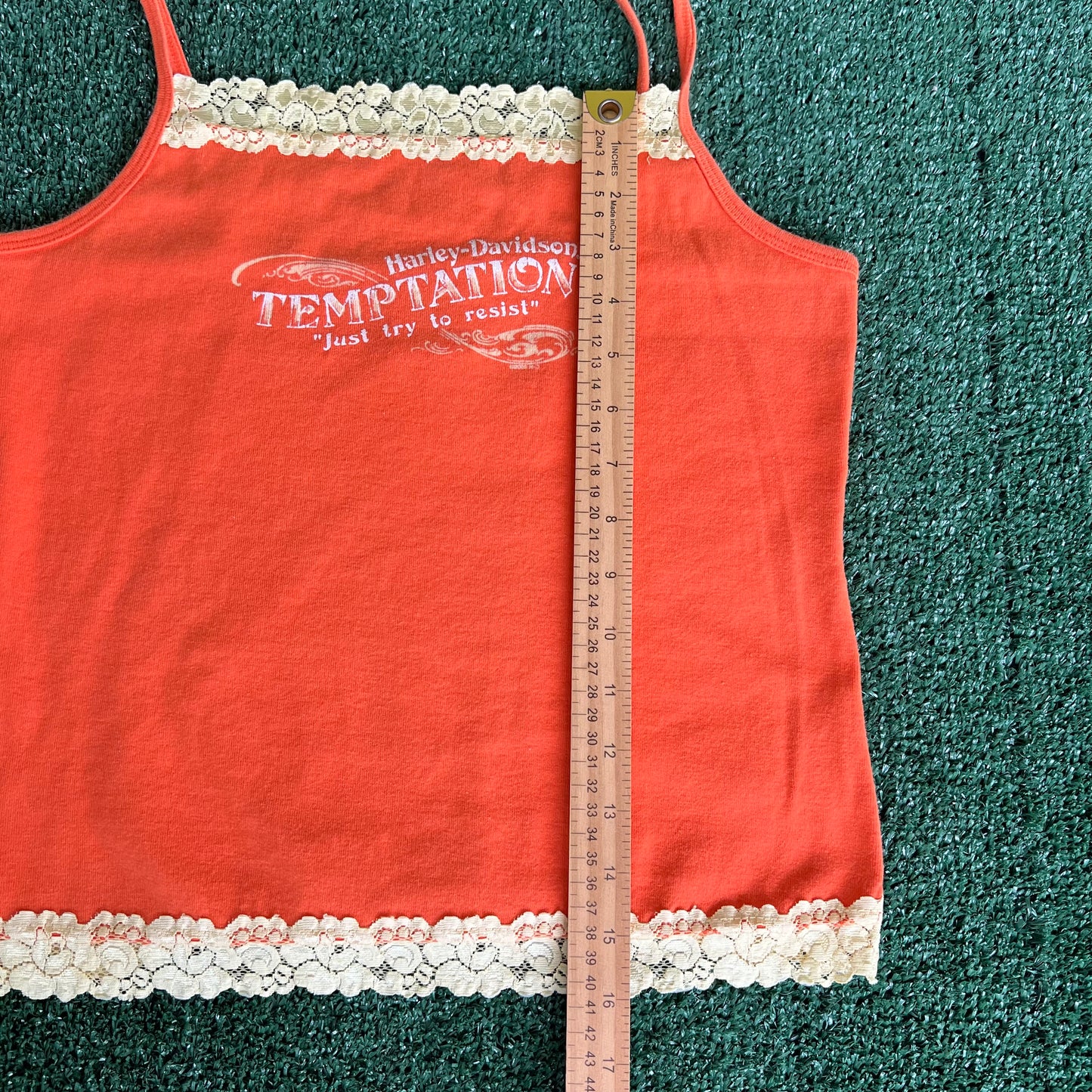 Women's Y2K Harley-Davidson Spaghetti Tank Top Floral Lace Orange Shirt- XS 15.75x16"