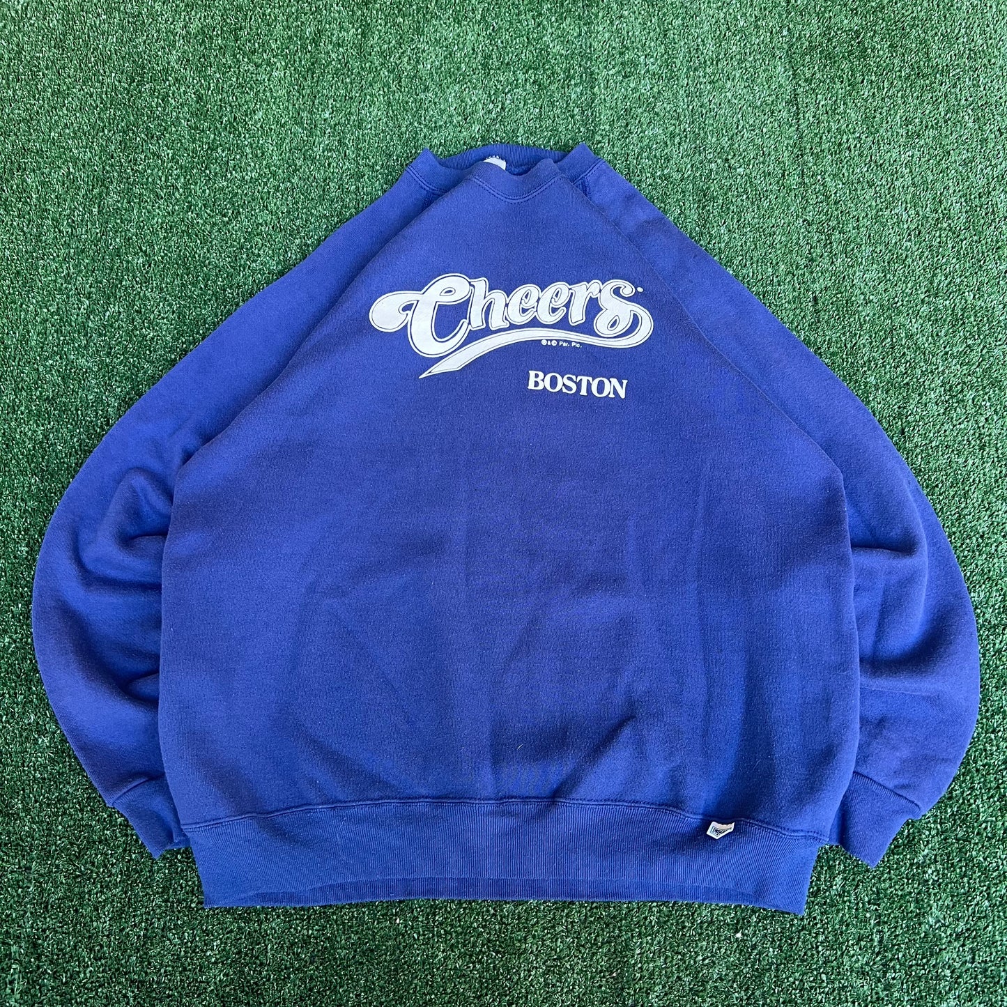 Vintage 80s Mens Cheers TV Show Boston Raglan Cut Boxy Blue Sweatshirt - XL 24x28"