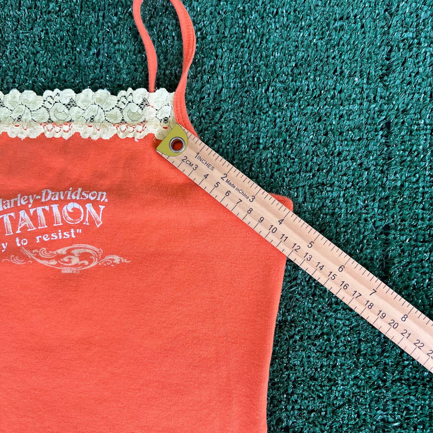 Women's Y2K Harley-Davidson Spaghetti Tank Top Floral Lace Orange Shirt- XS 15.75x16"